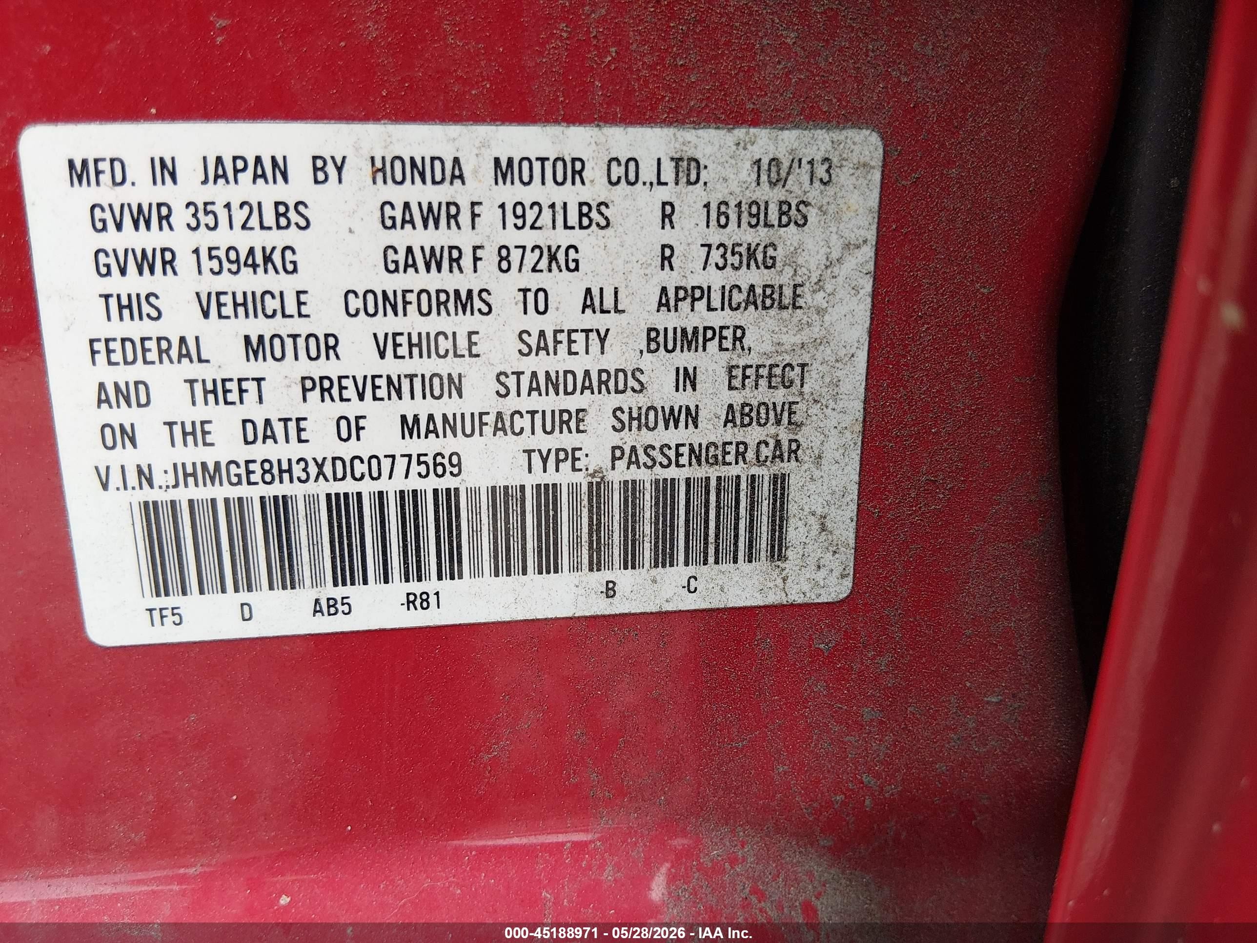 2013 Honda Fit Red vin: JHMGE8H3XDC077569