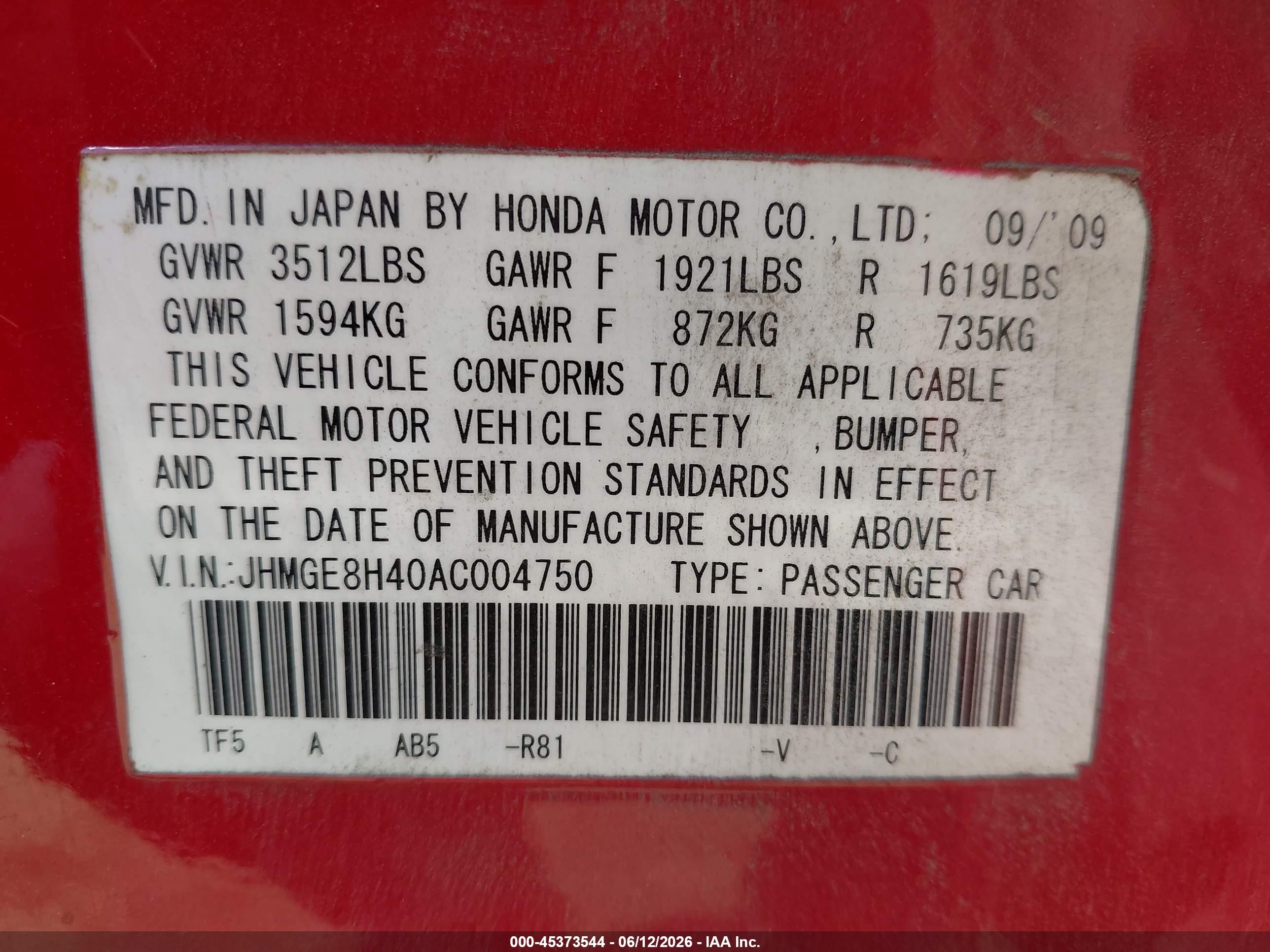 2010 Honda Fit Sport Red vin: JHMGE8H40AC004750