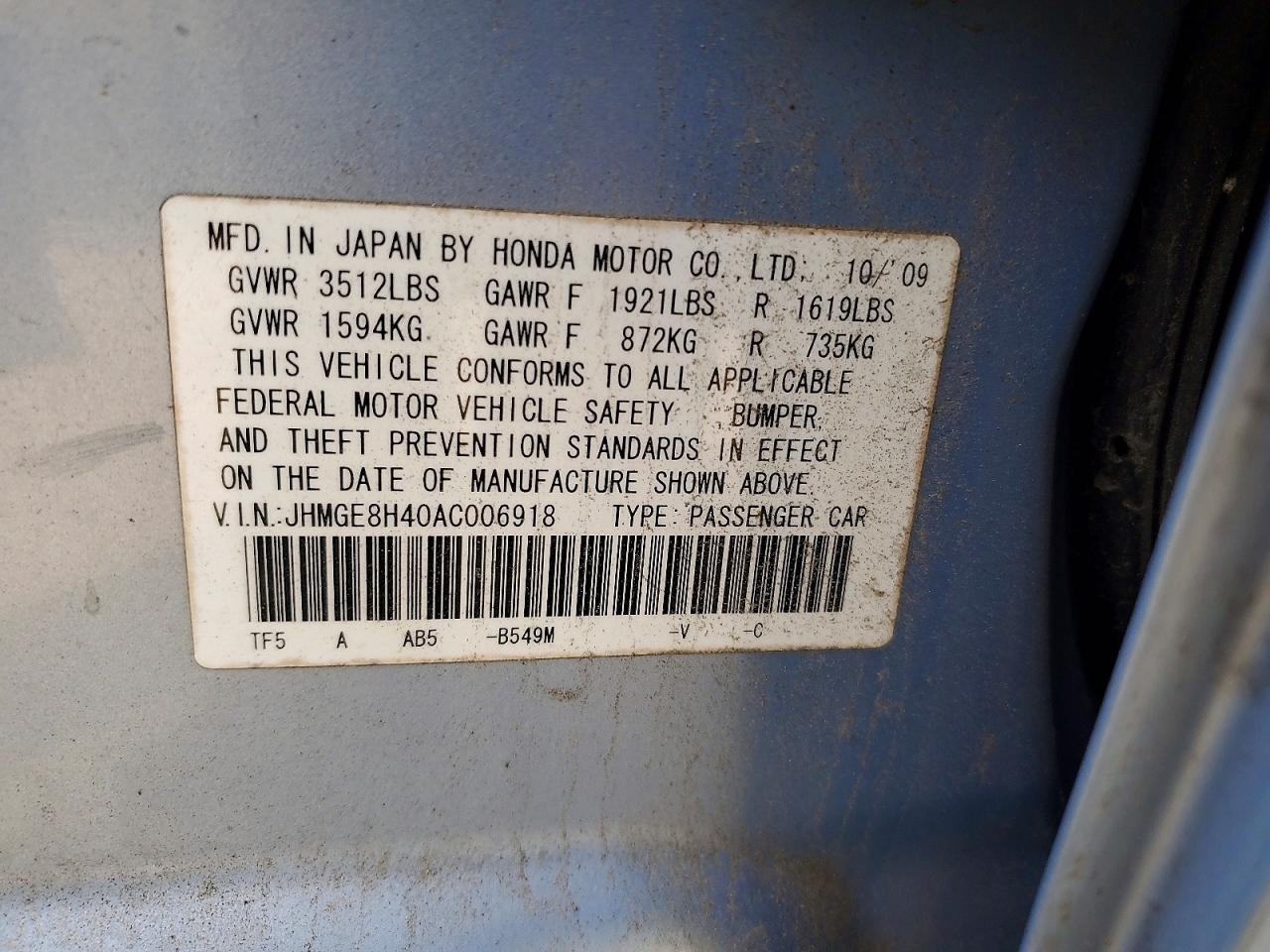 2010 Honda Fit Sport Blue vin: JHMGE8H40AC006918