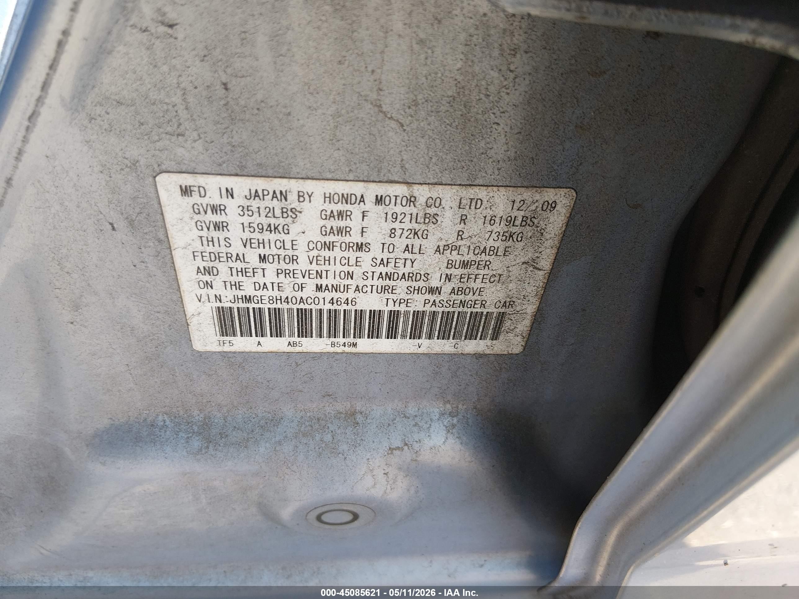 2010 Honda Fit Sport Blue vin: JHMGE8H40AC014646