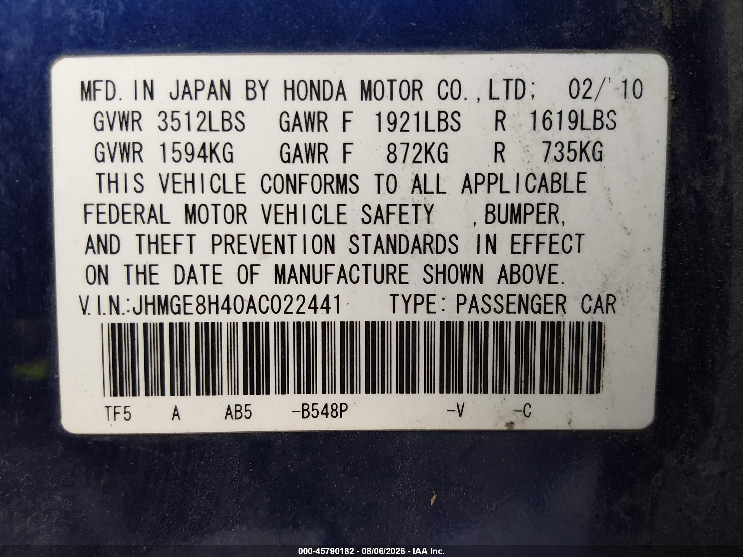 2010 Honda Fit Sport Синий vin: JHMGE8H40AC022441