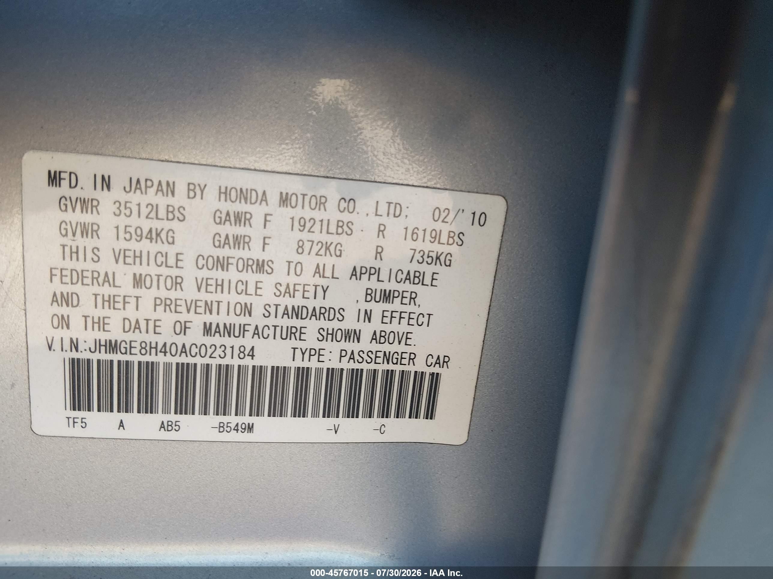 2010 Honda Fit Sport Blue vin: JHMGE8H40AC023184