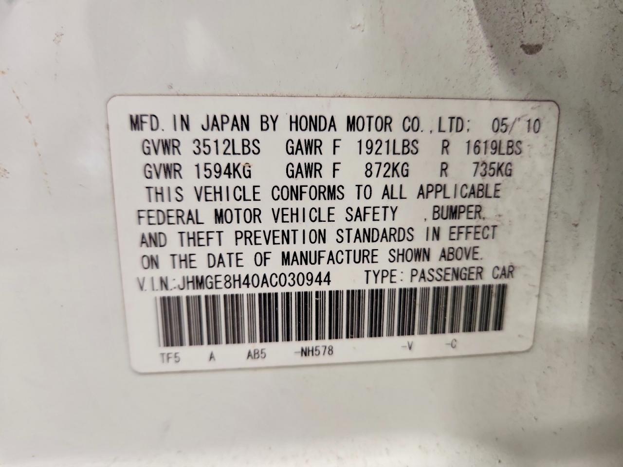 2010 Honda Fit Sport White vin: JHMGE8H40AC030944