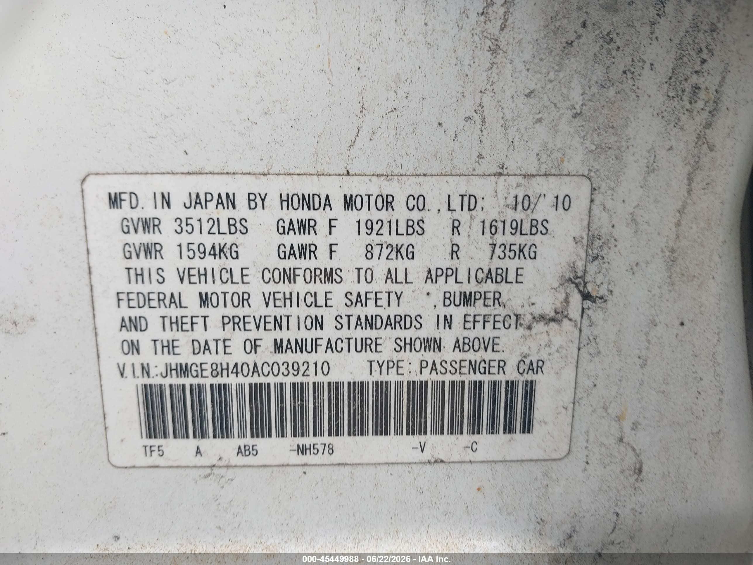 2010 Honda Fit Sport White vin: JHMGE8H40AC039210