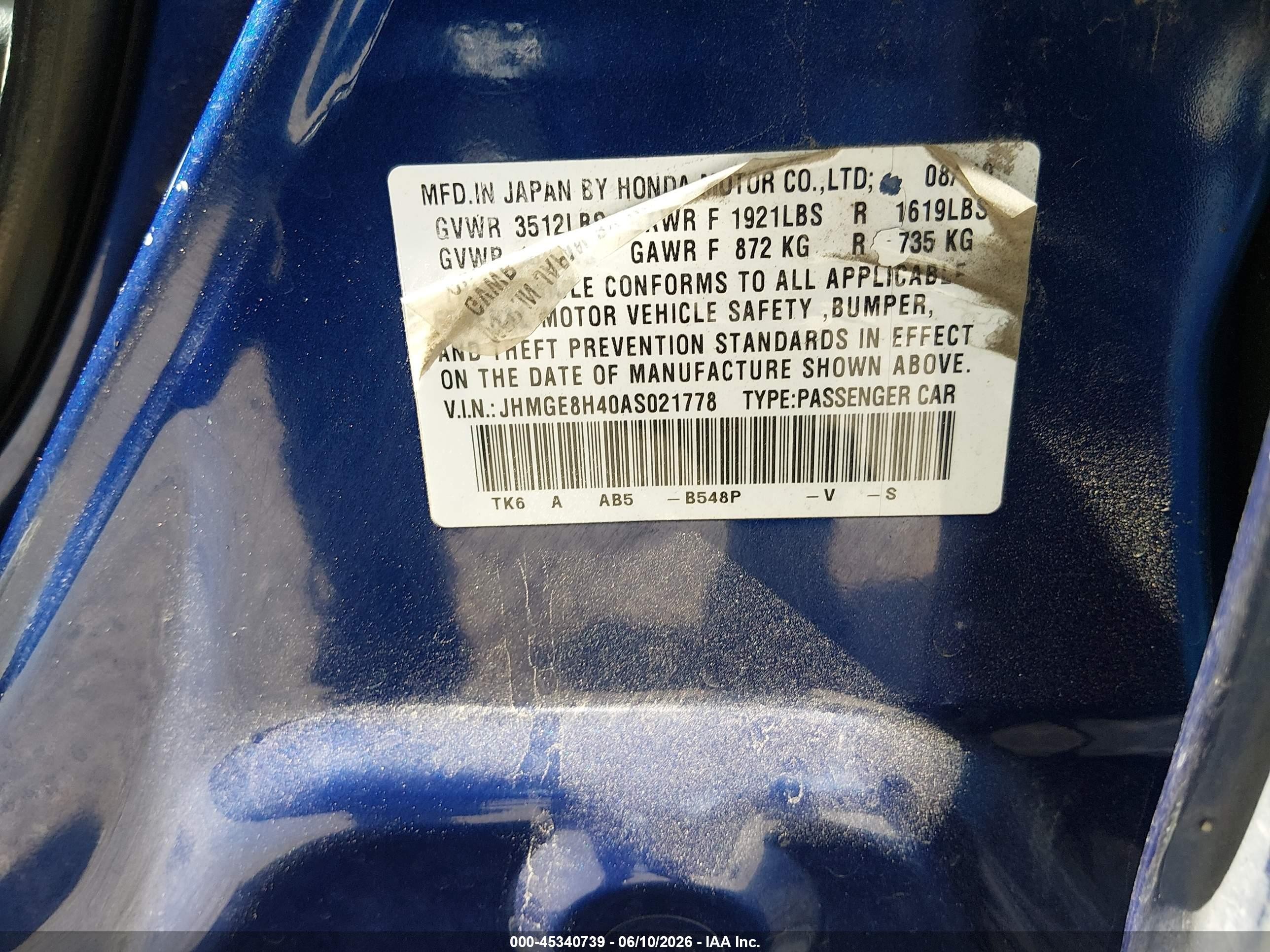 2010 Honda Fit Sport Blue vin: JHMGE8H40AS021778