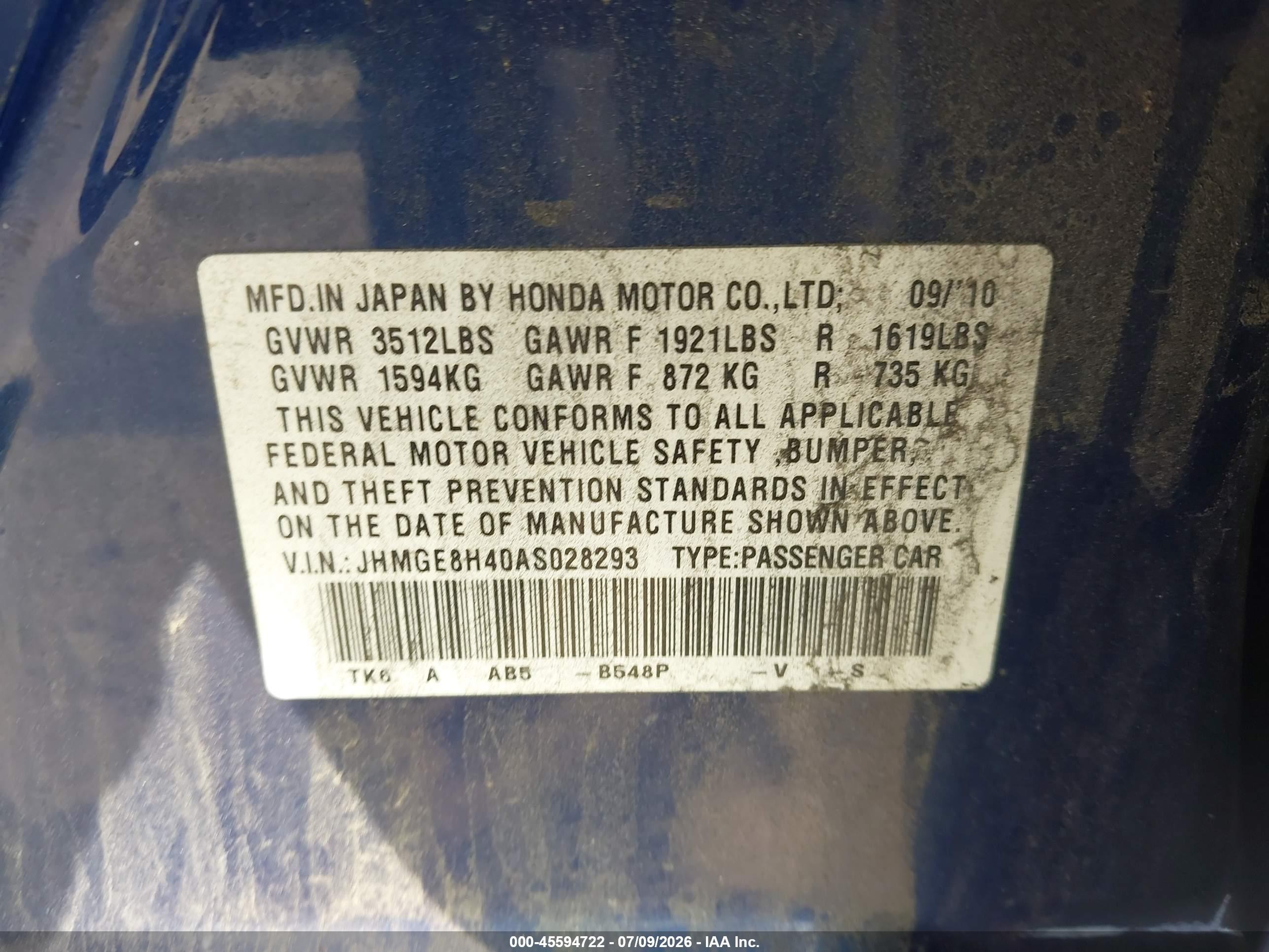 2010 Honda Fit Sport Blue vin: JHMGE8H40AS028293