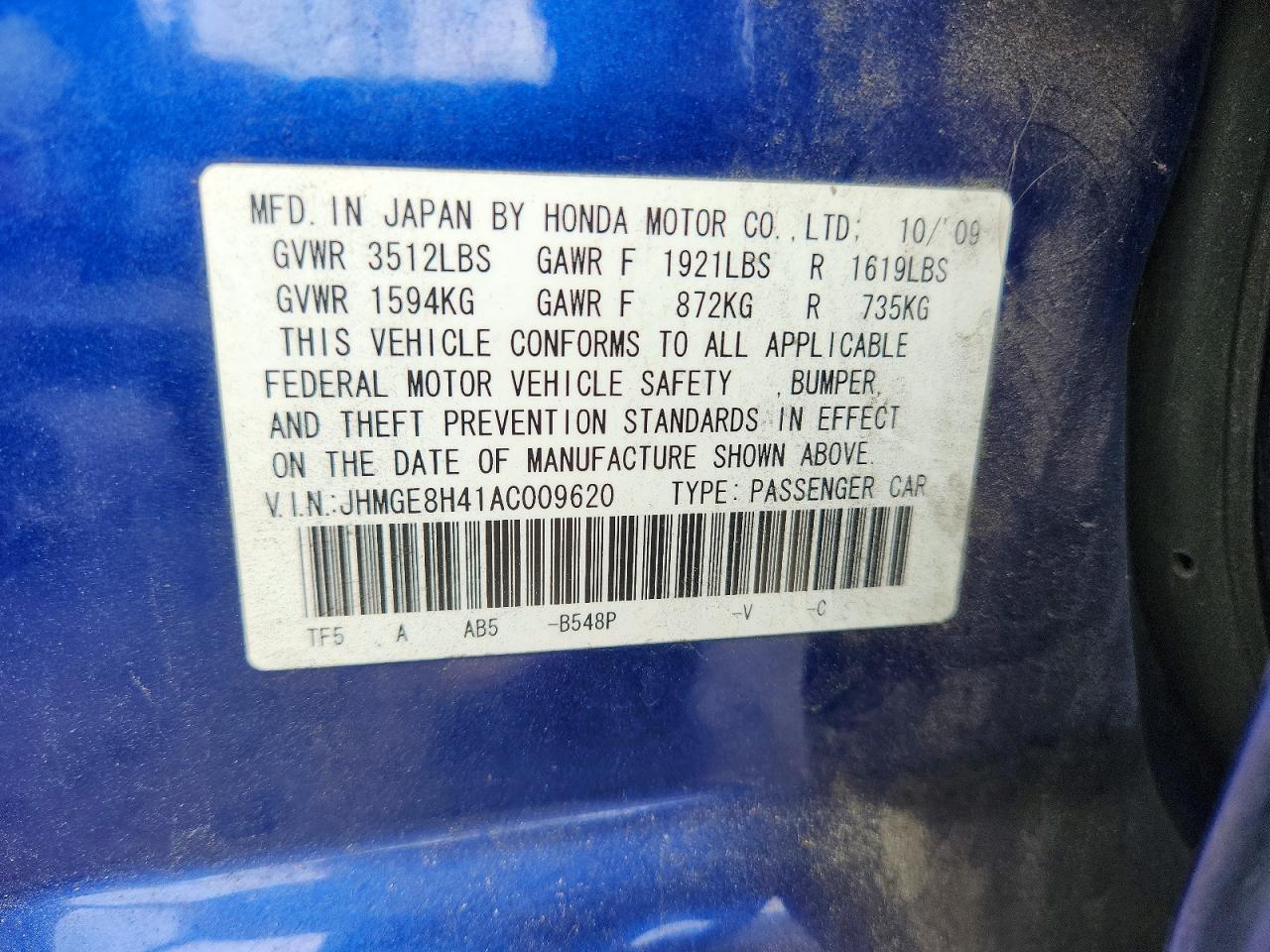 2010 Honda Fit Sport Blue vin: JHMGE8H41AC009620
