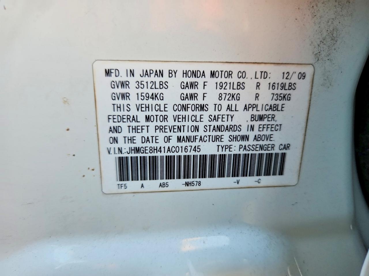 2010 Honda Fit Sport White vin: JHMGE8H41AC016745