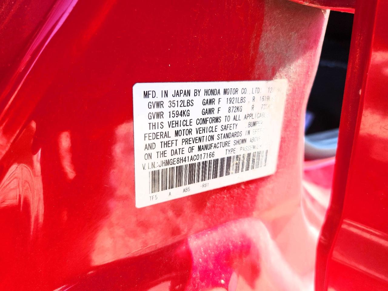 2010 Honda Fit Sport Red vin: JHMGE8H41AC017166