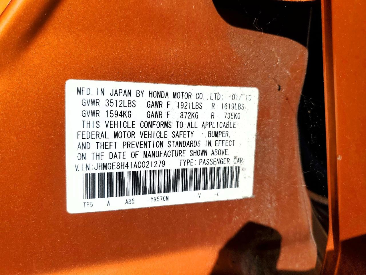 2010 Honda Fit Sport Оранжевый vin: JHMGE8H41AC021279
