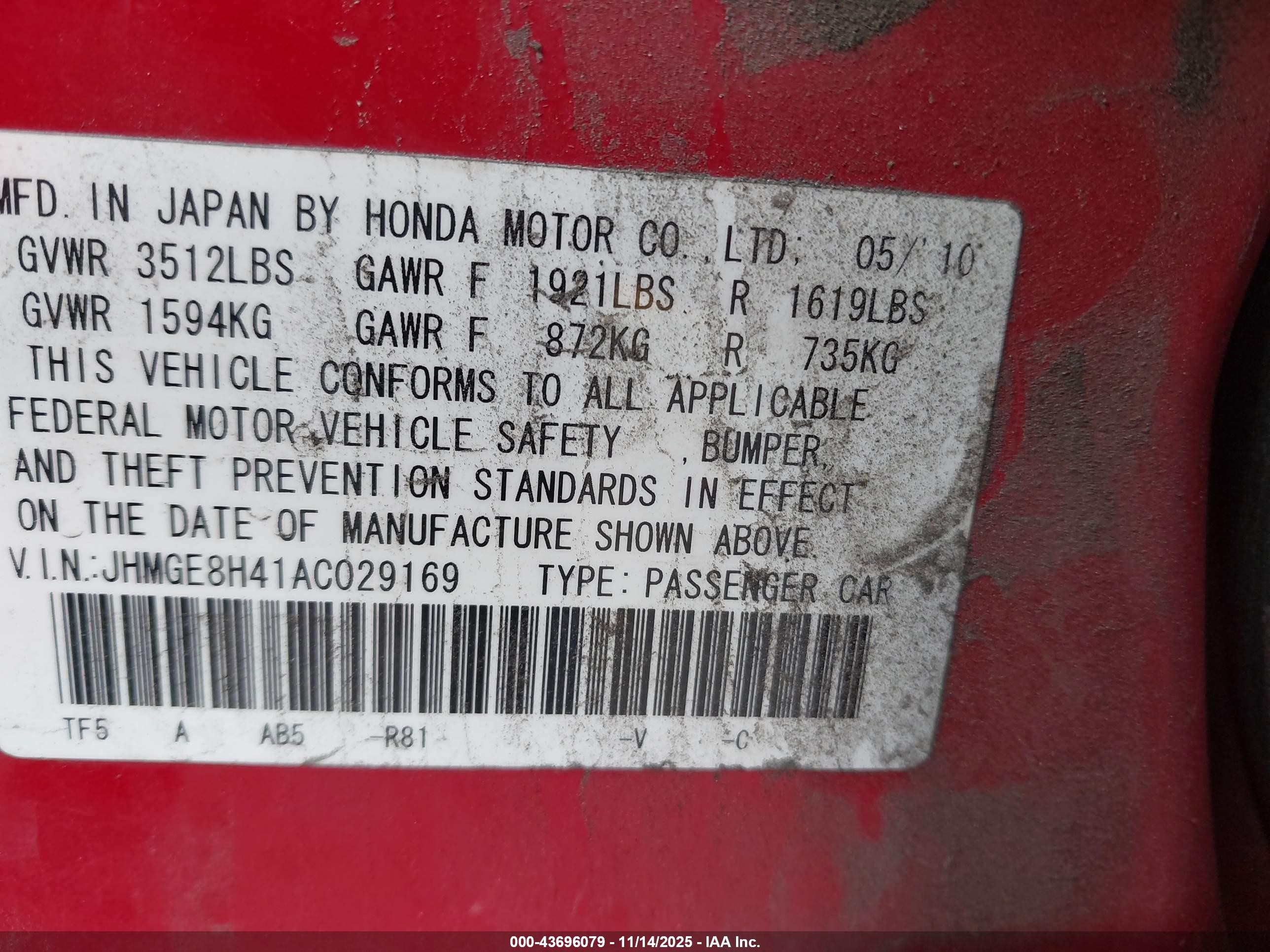 2010 Honda Fit Sport Red vin: JHMGE8H41AC029169