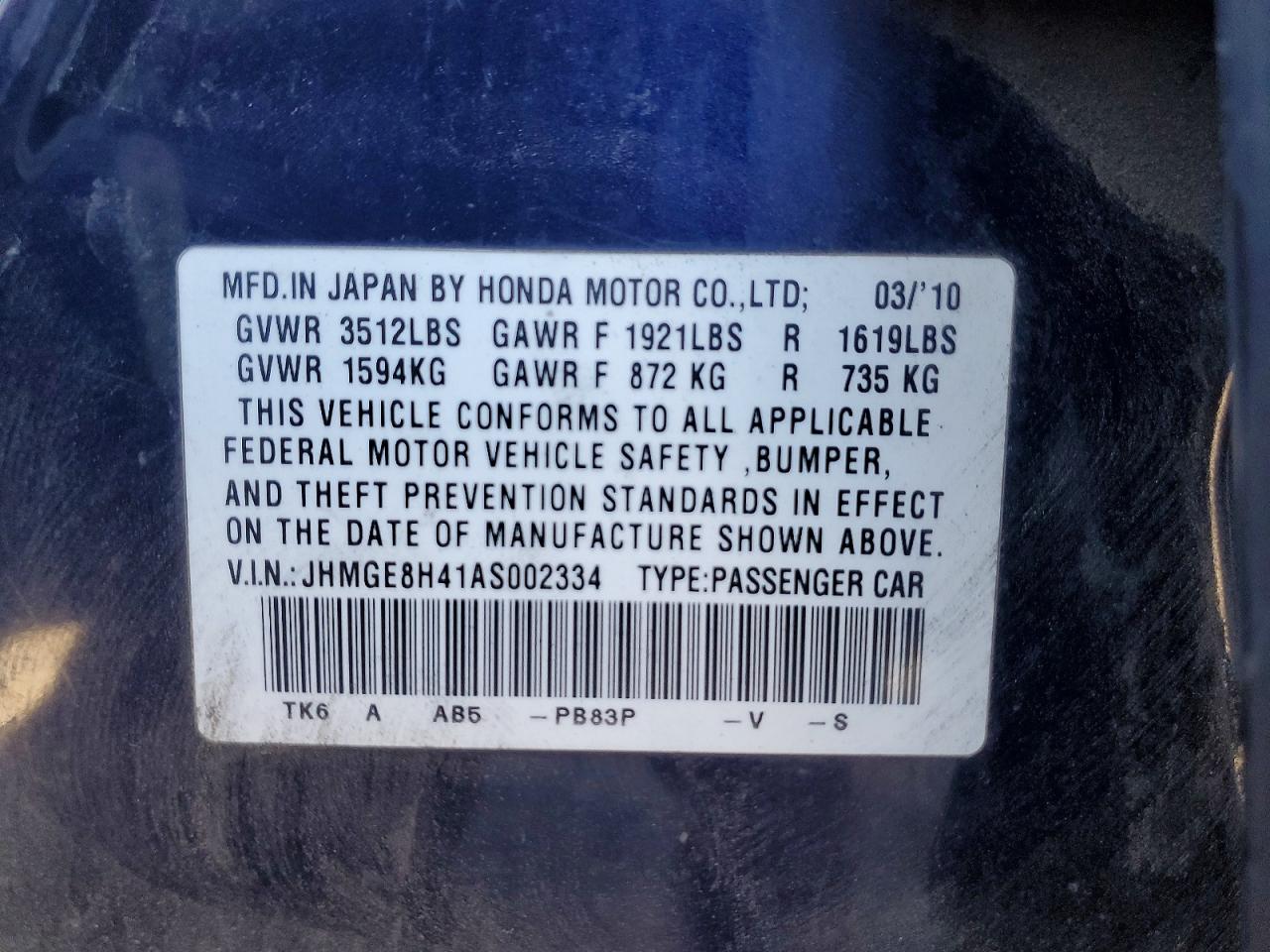2010 Honda Fit Sport Blue vin: JHMGE8H41AS002334