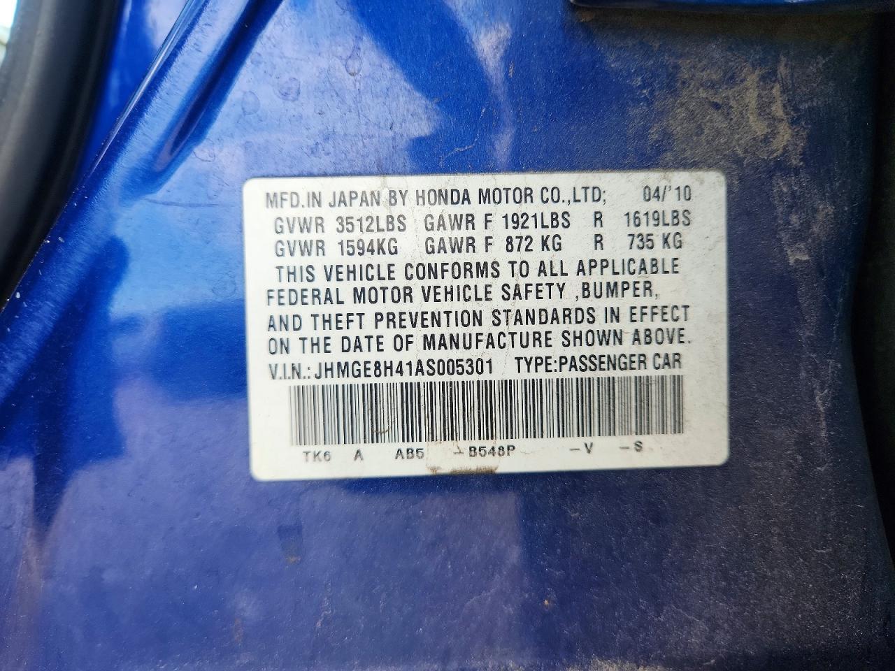2010 Honda Fit Sport Blue vin: JHMGE8H41AS005301