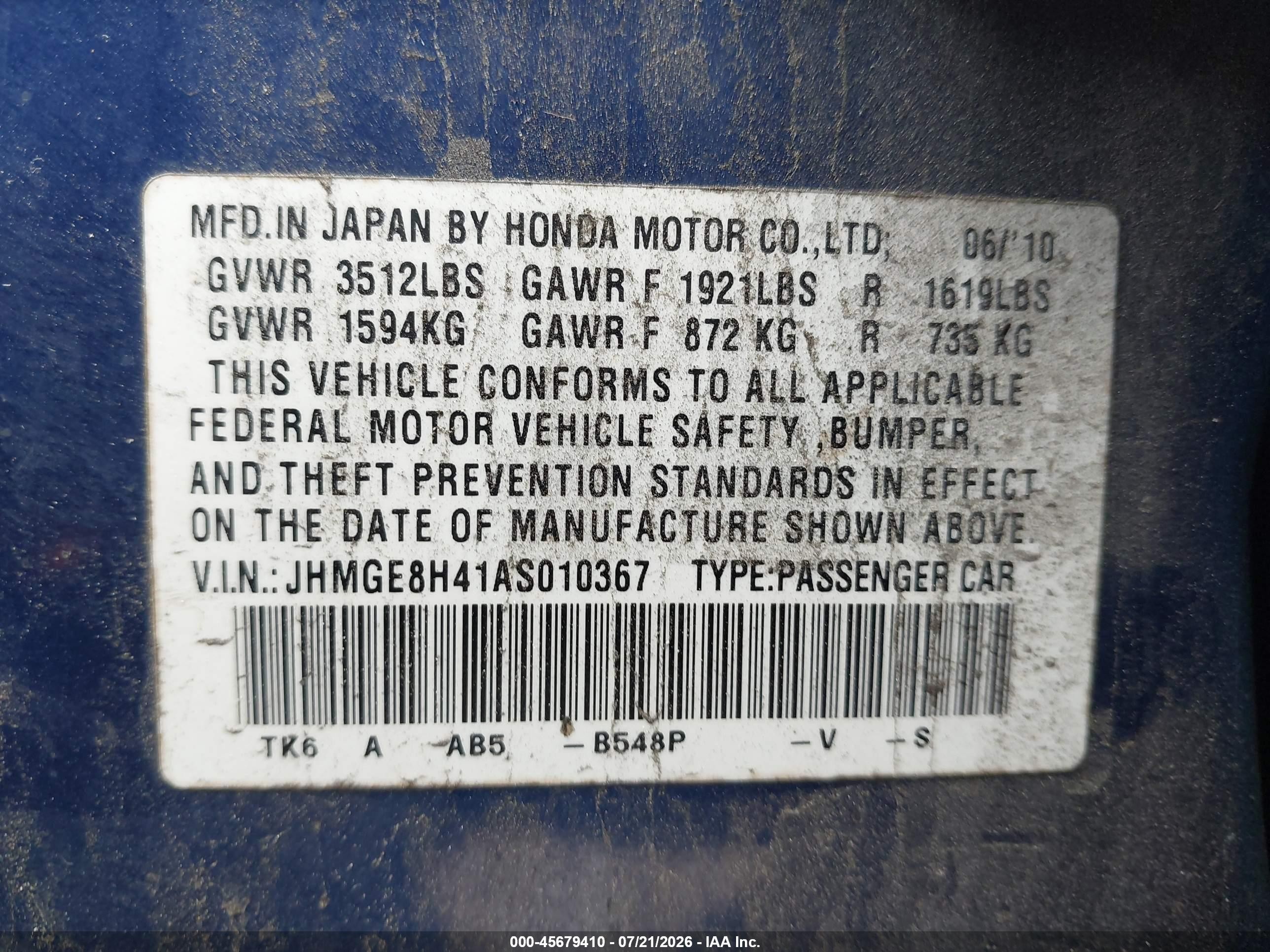 2010 Honda Fit Sport Blue vin: JHMGE8H41AS010367