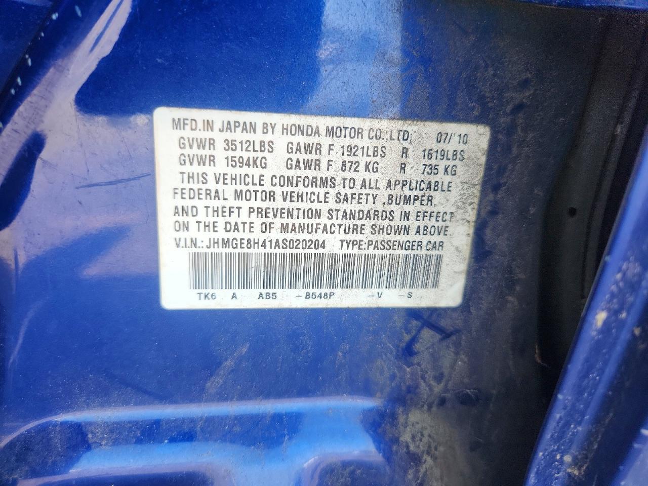 2010 Honda Fit Sport Blue vin: JHMGE8H41AS020204
