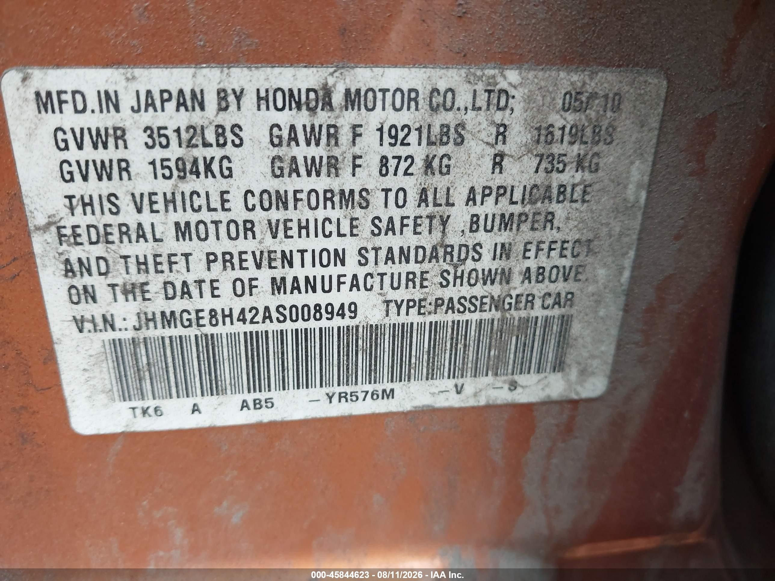 2010 Honda Fit Sport Оранжевый vin: JHMGE8H42AS008949
