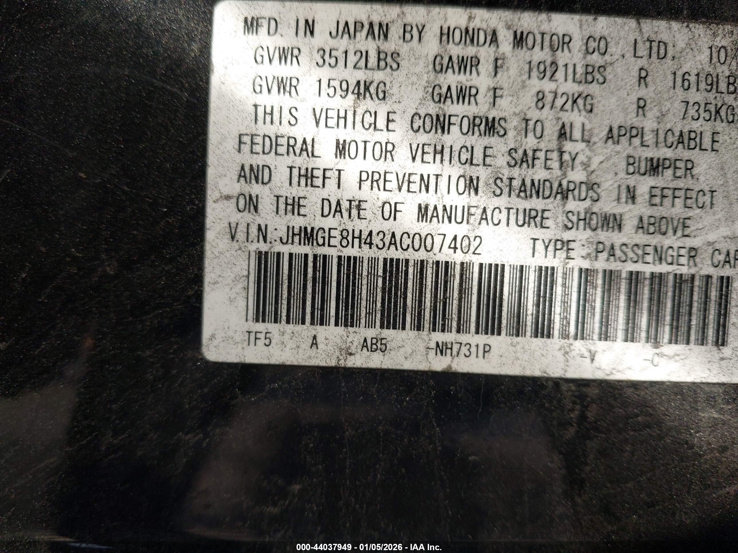 2010 Honda Fit Sport Black vin: JHMGE8H43AC007402