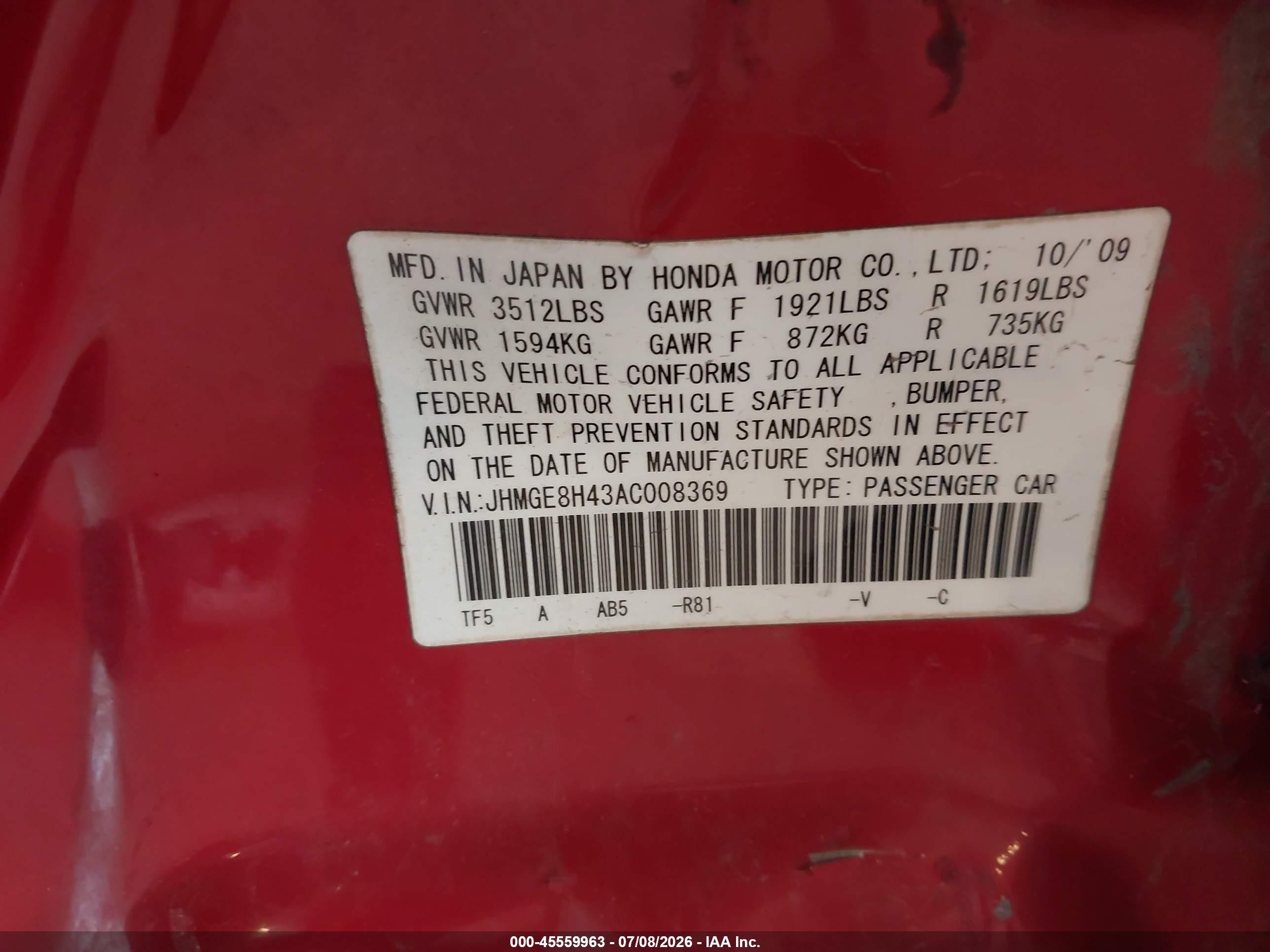 2010 Honda Fit Sport Красный vin: JHMGE8H43AC008369