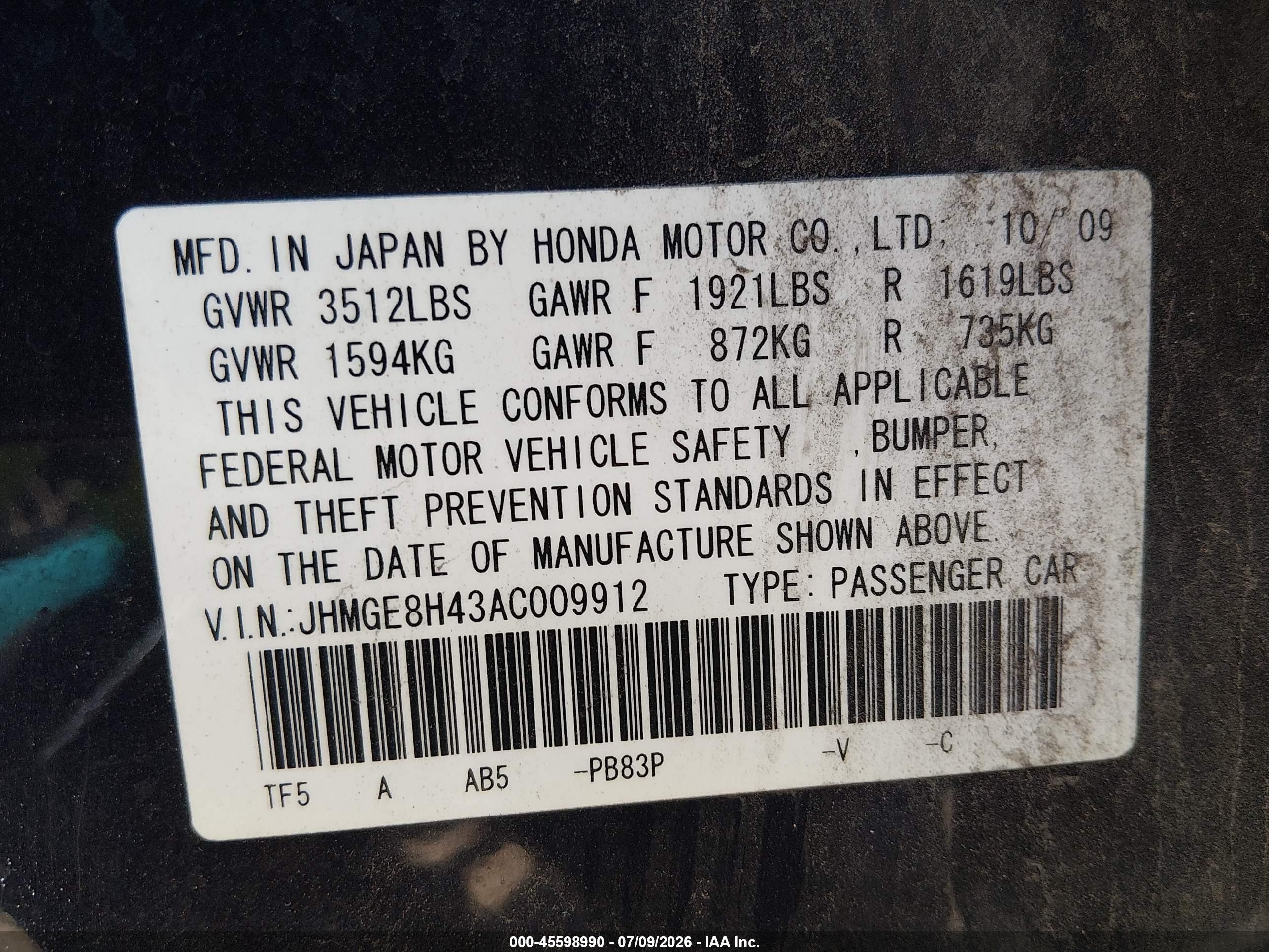 2010 Honda Fit Sport Dark Blue vin: JHMGE8H43AC009912