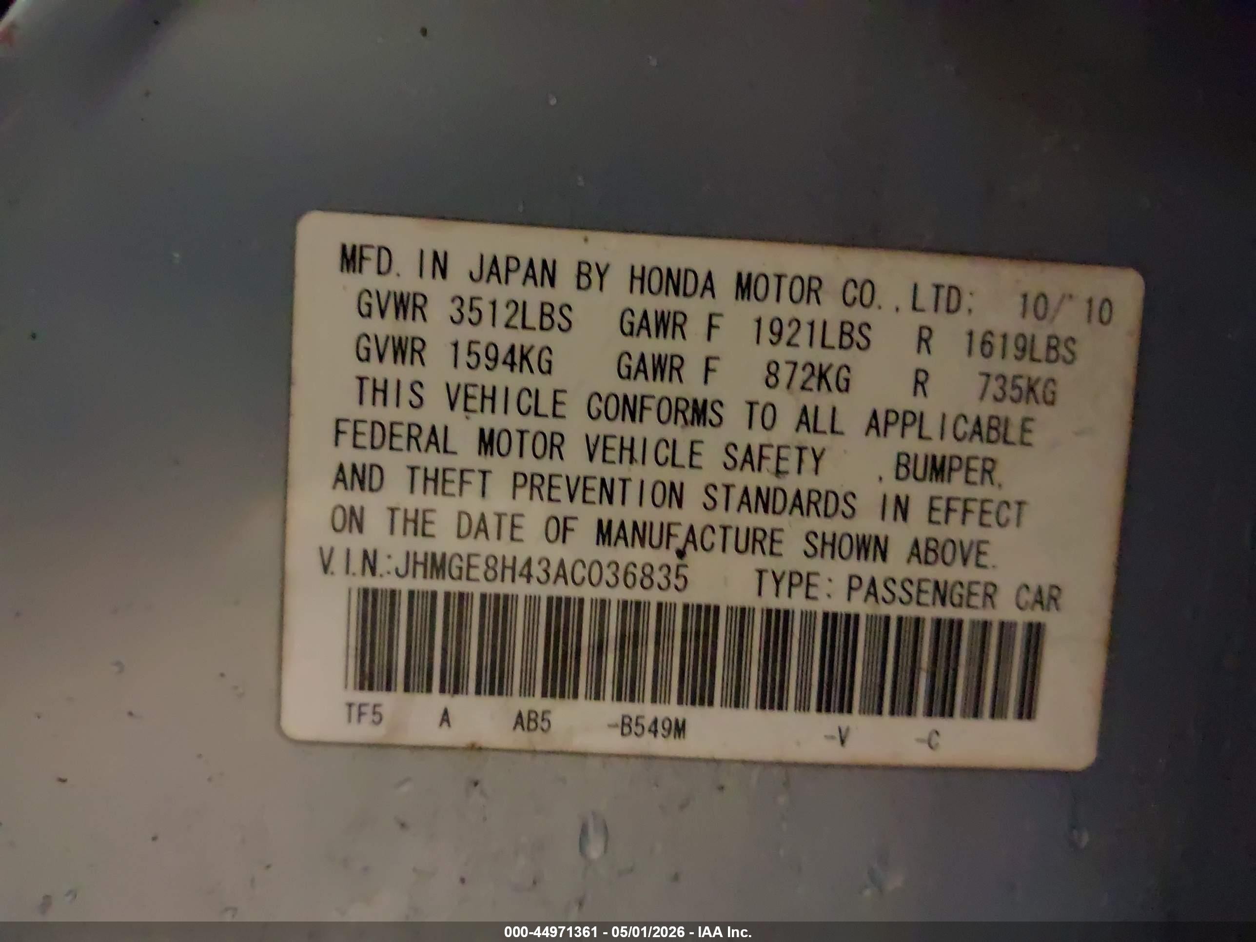 2010 Honda Fit Sport Black vin: JHMGE8H43AC036835