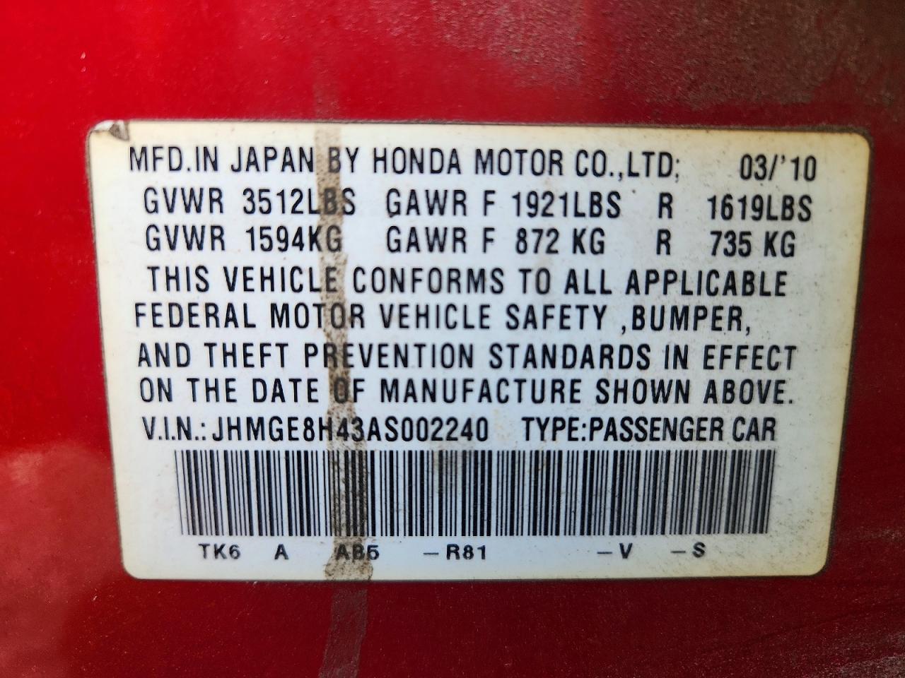 2010 Honda Fit Sport Red vin: JHMGE8H43AS002240