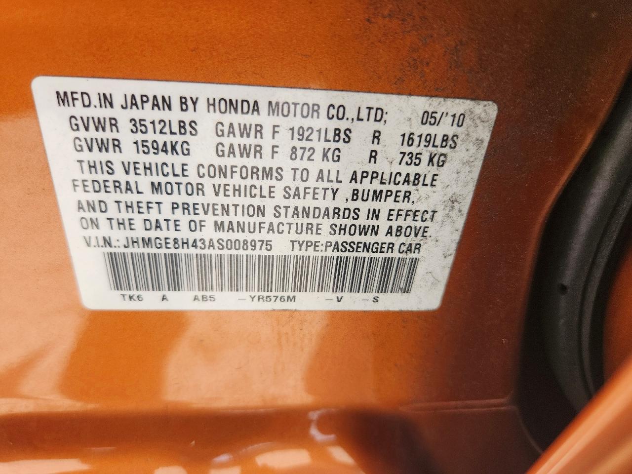 2010 Honda Fit Sport Orange vin: JHMGE8H43AS008975