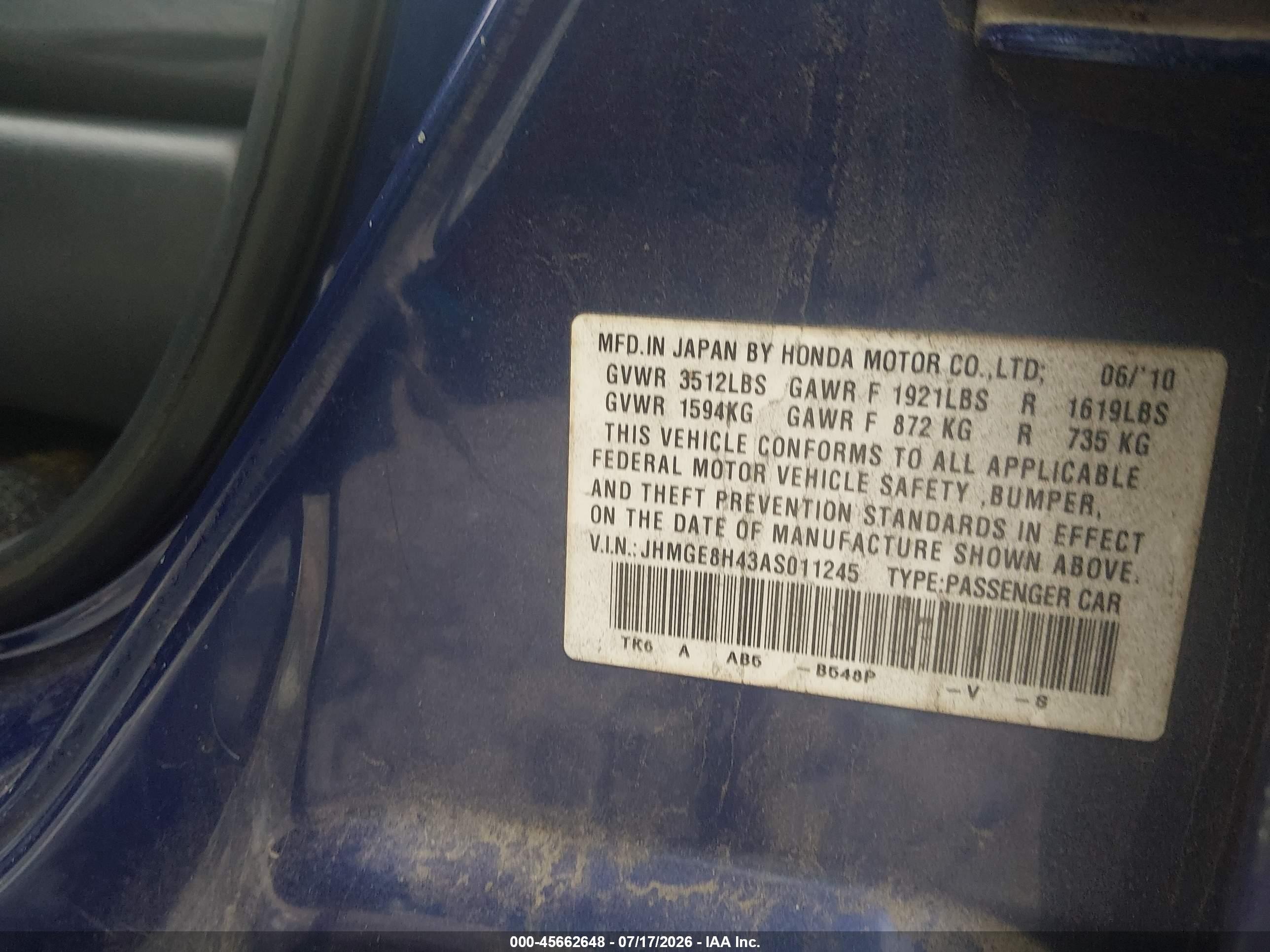2010 Honda Fit Sport Синий vin: JHMGE8H43AS011245