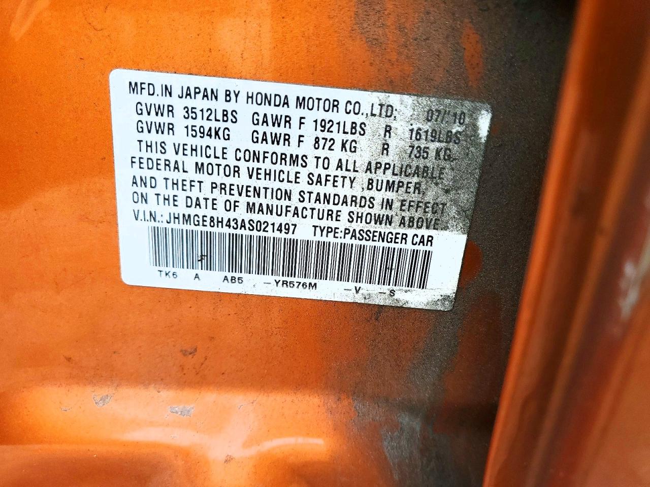2010 Honda Fit Sport Orange vin: JHMGE8H43AS021497