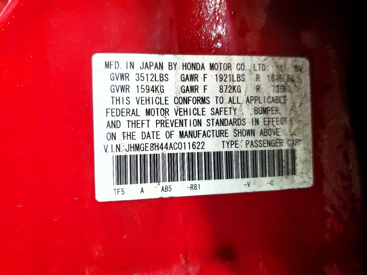 2010 Honda Fit Sport Red vin: JHMGE8H44AC011622