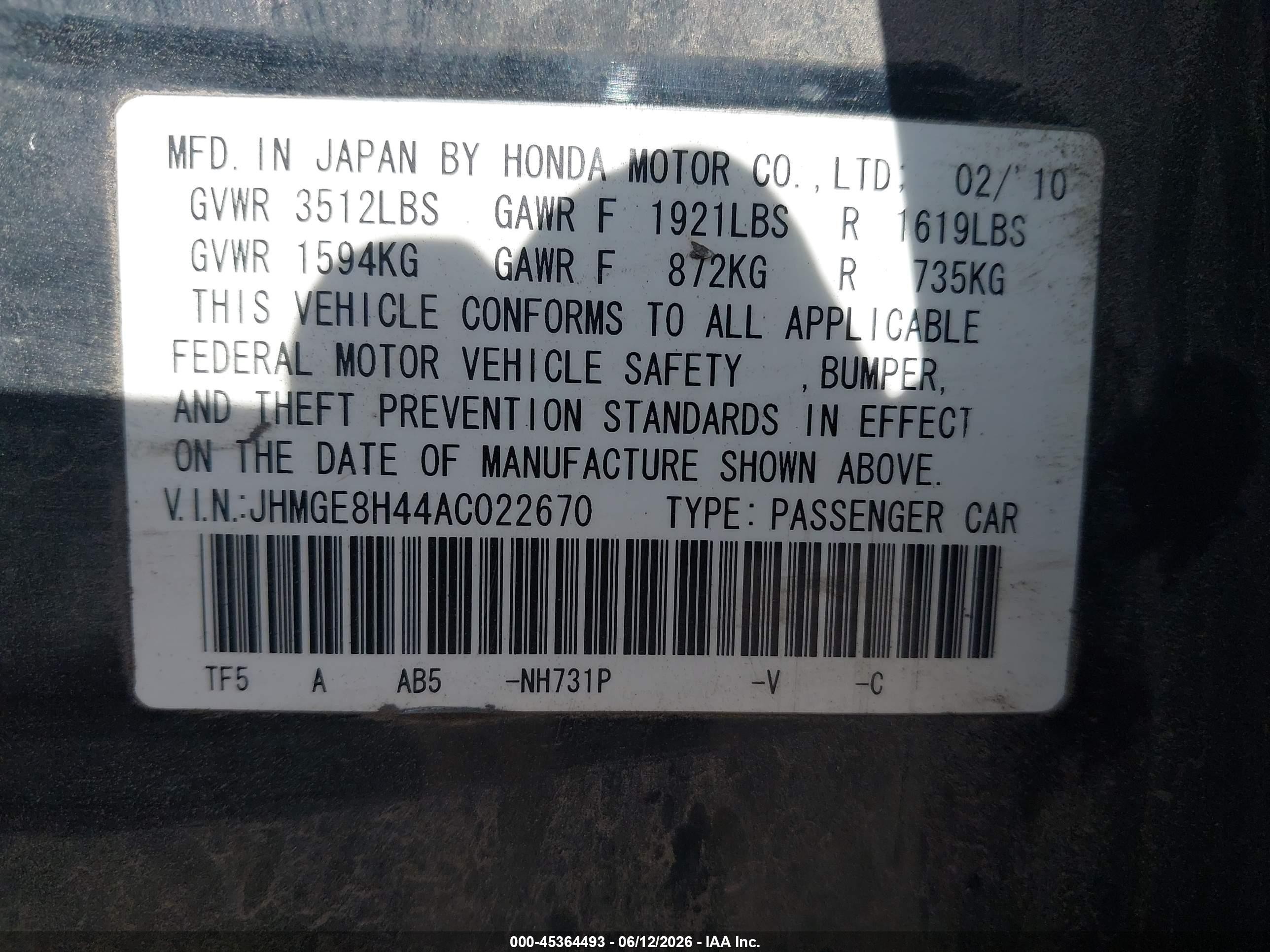 2010 Honda Fit Sport Black vin: JHMGE8H44AC022670