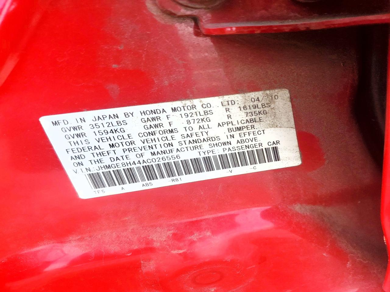 2010 Honda Fit Sport Red vin: JHMGE8H44AC026556