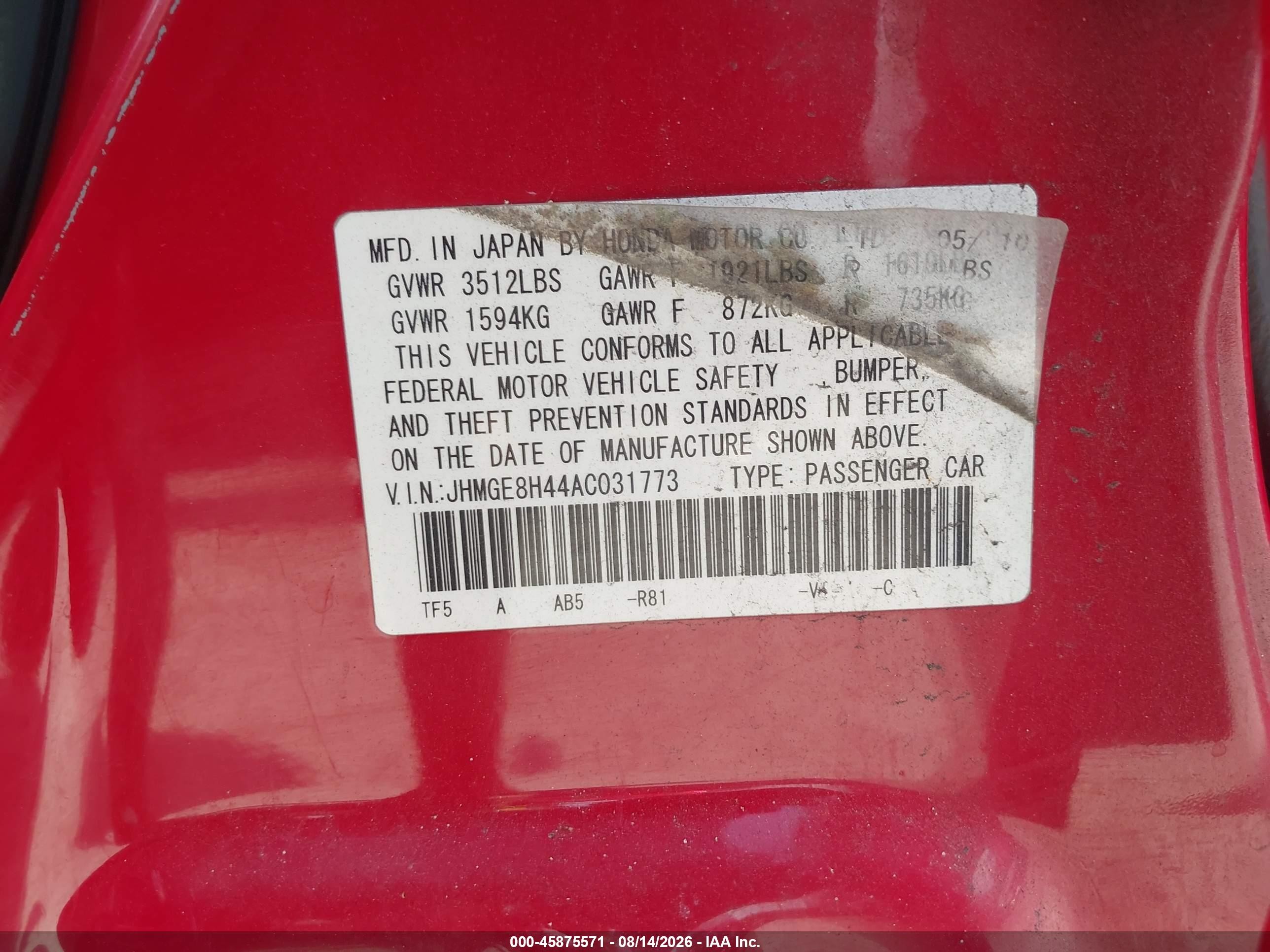 2010 Honda Fit Sport Red vin: JHMGE8H44AC031773