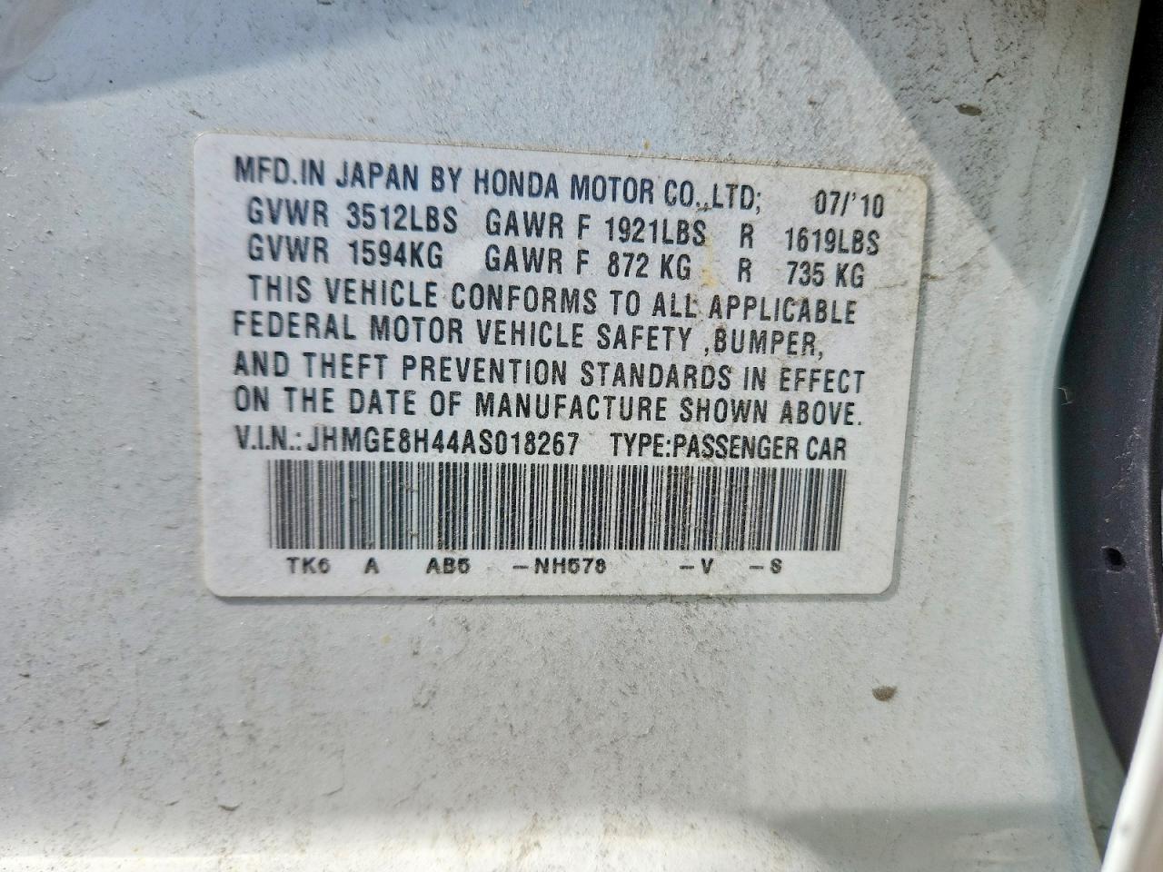 2010 Honda Fit Sport White vin: JHMGE8H44AS018267