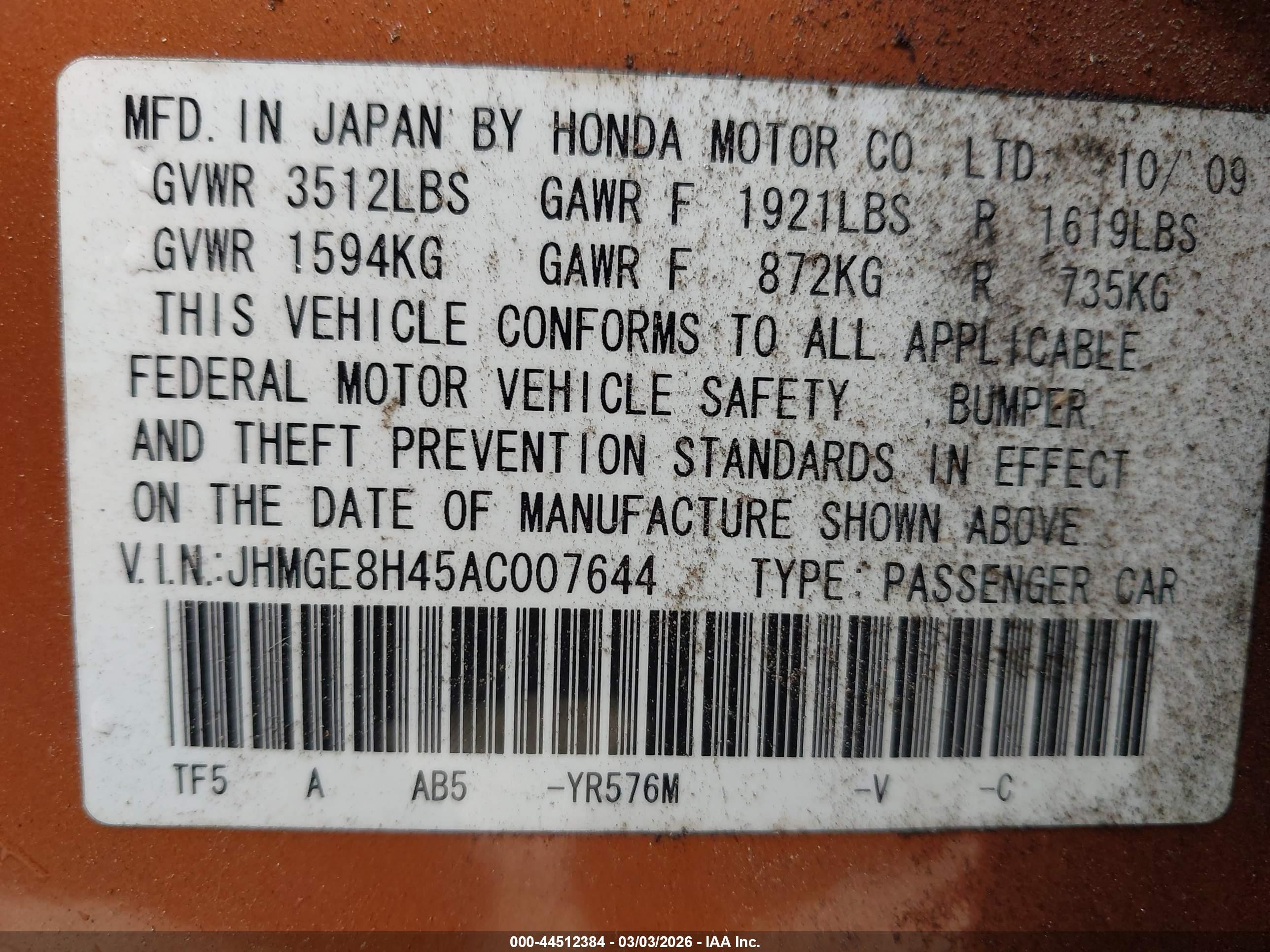 2010 Honda Fit Sport Orange vin: JHMGE8H45AC007644