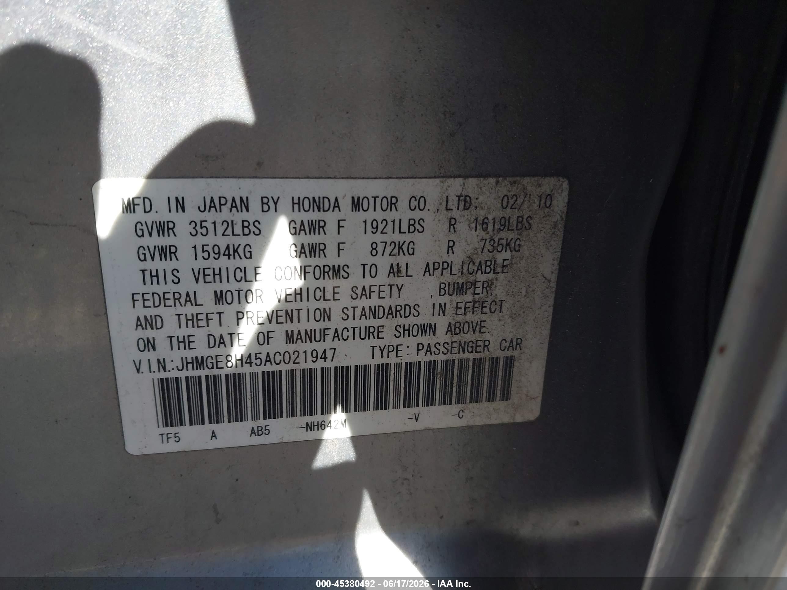 2010 Honda Fit Sport Silver vin: JHMGE8H45AC021947