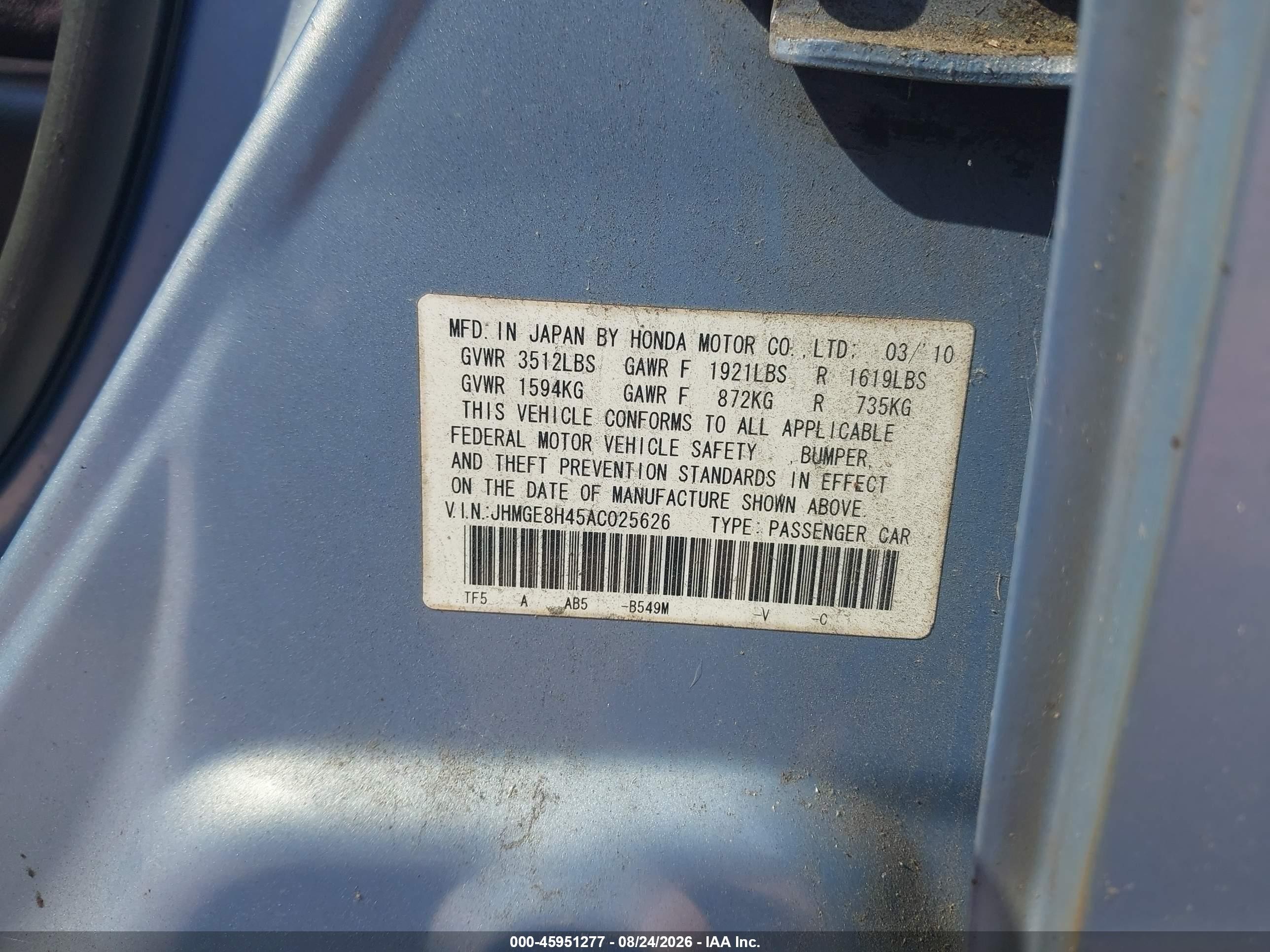 2010 Honda Fit Sport Blue vin: JHMGE8H45AC025626