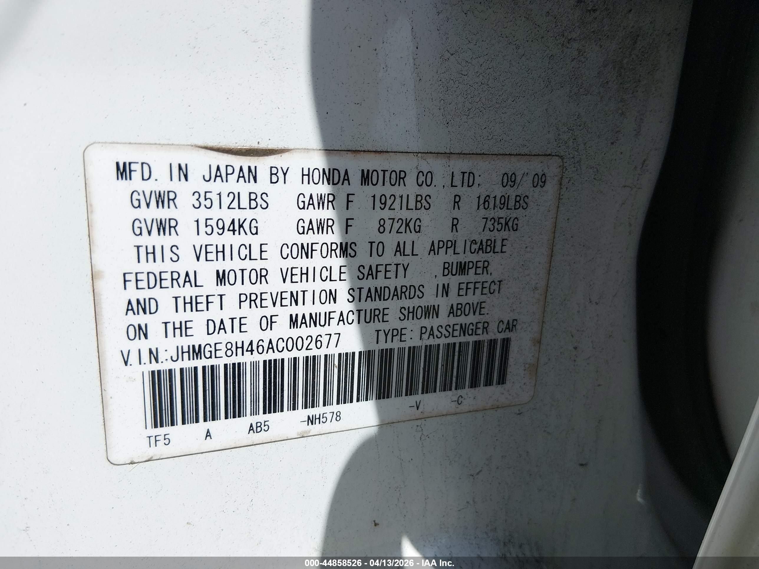 2010 Honda Fit Sport White vin: JHMGE8H46AC002677