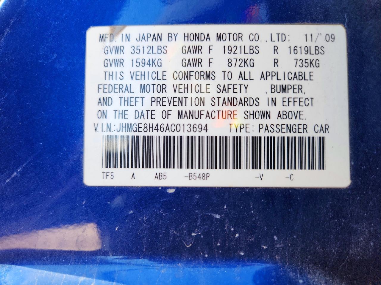 2010 Honda Fit Sport Blue vin: JHMGE8H46AC013694