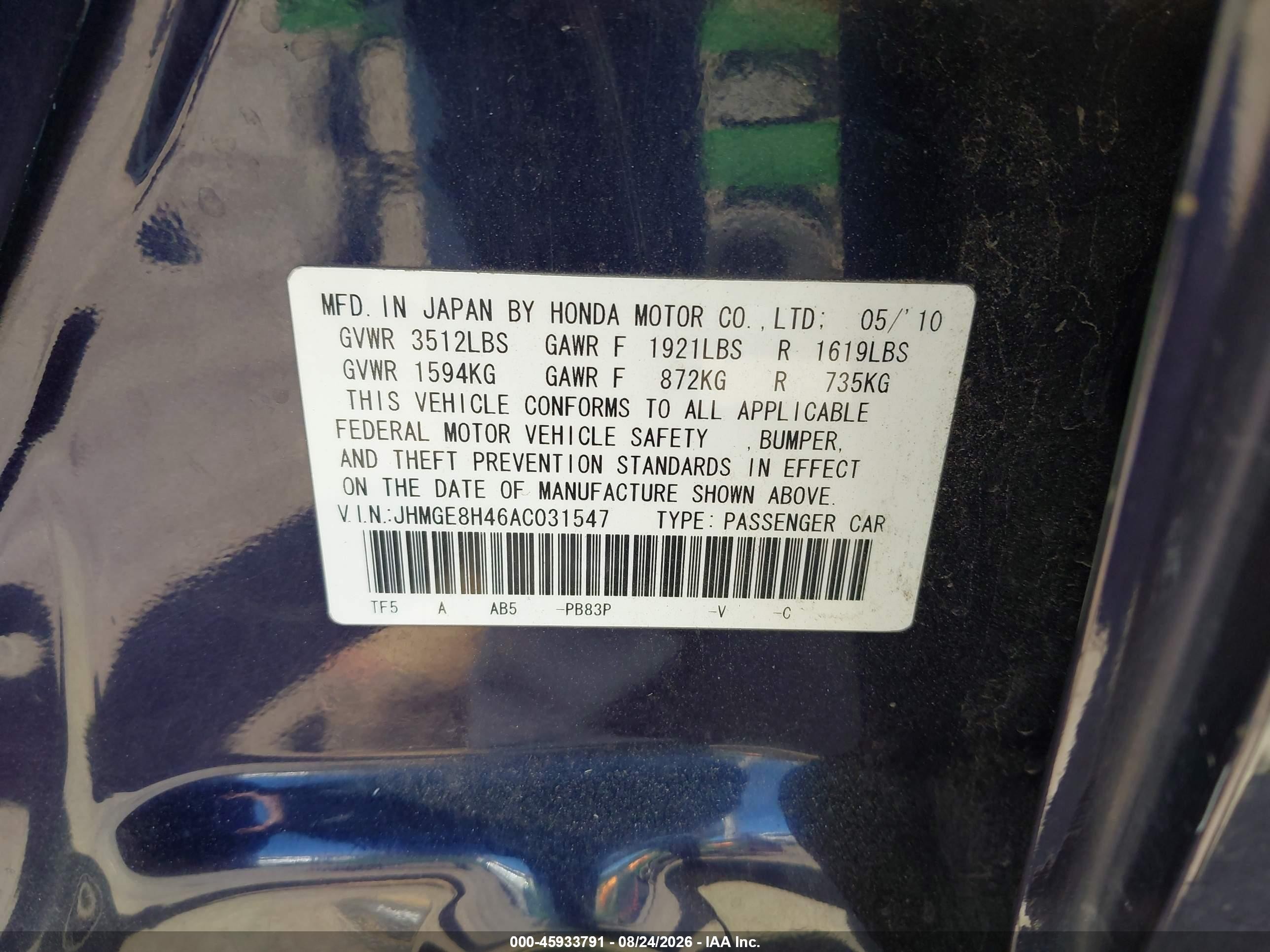 2010 Honda Fit Sport Purple vin: JHMGE8H46AC031547