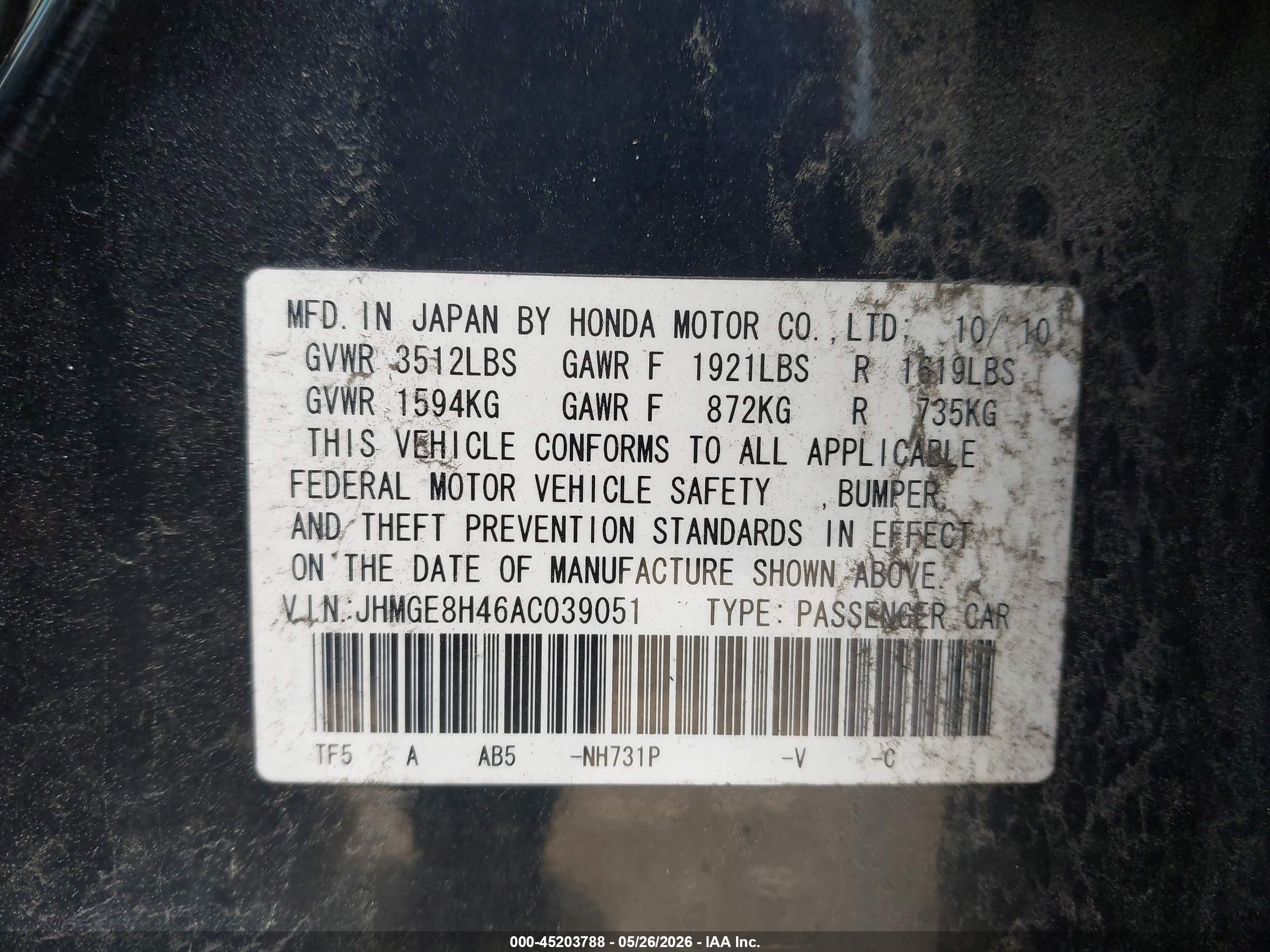 2010 Honda Fit Sport Черный vin: JHMGE8H46AC039051