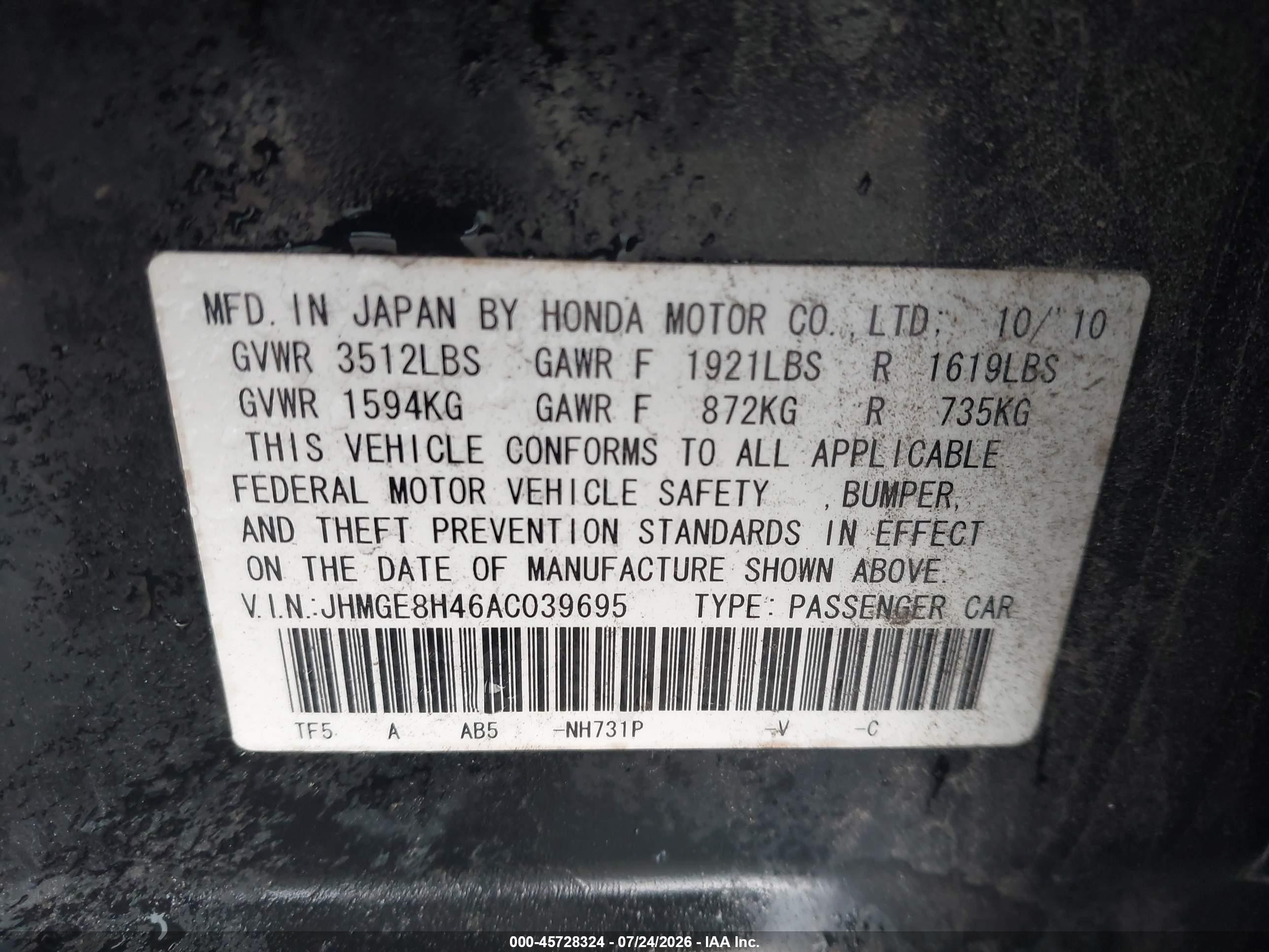 2010 Honda Fit Sport Черный vin: JHMGE8H46AC039695