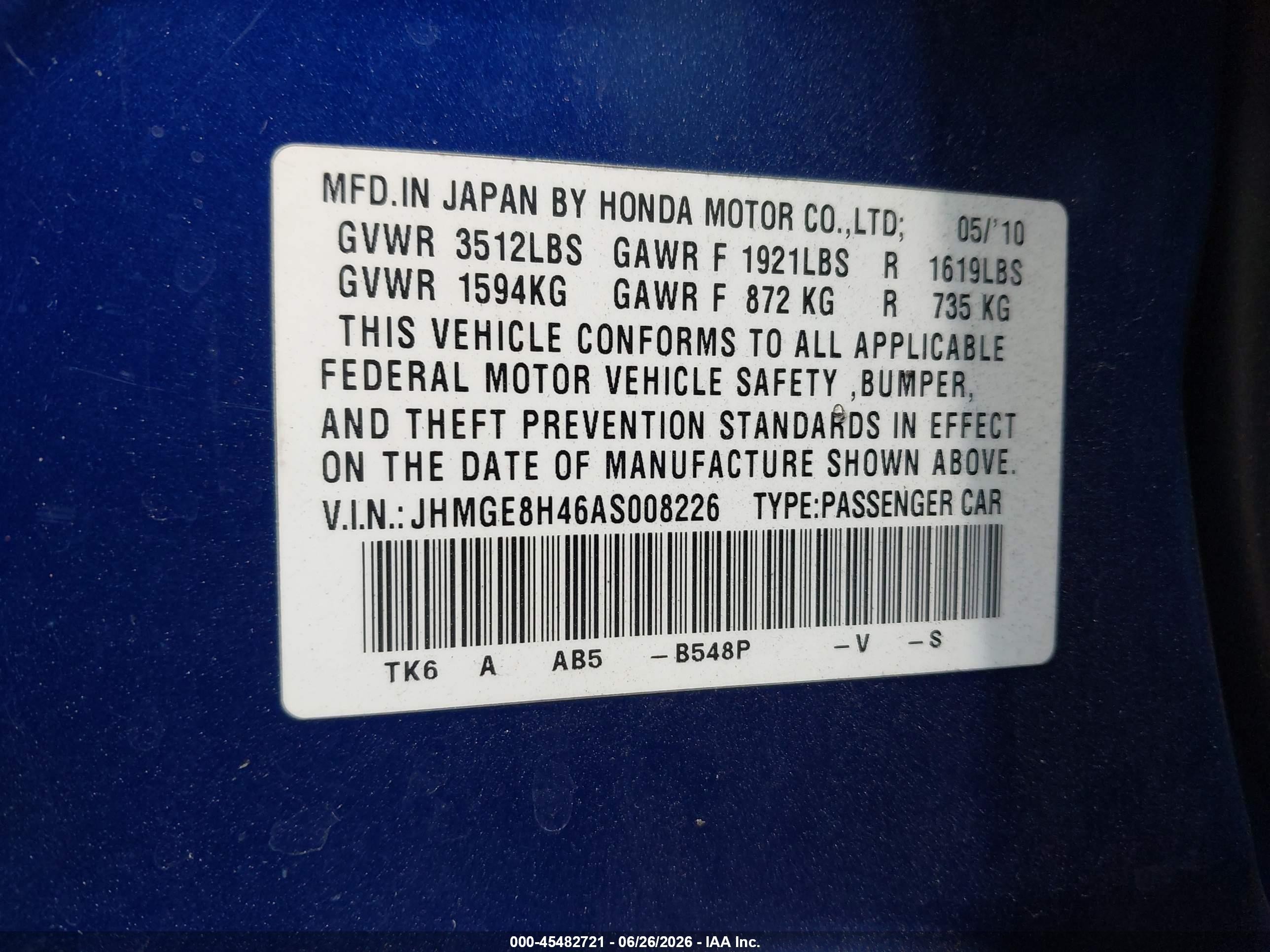 2010 Honda Fit Sport Purple vin: JHMGE8H46AS008226
