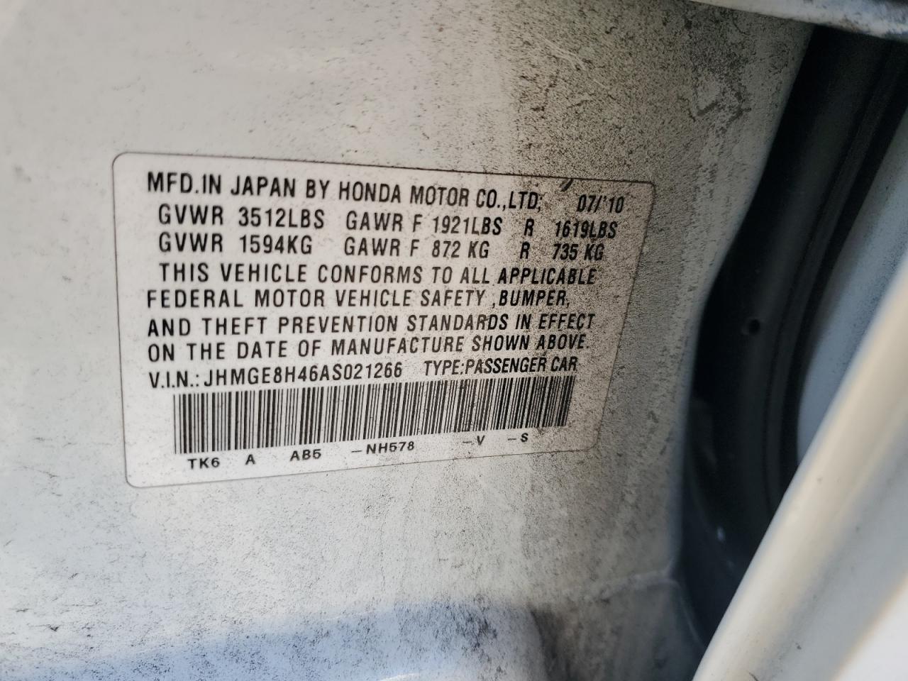 2010 Honda Fit Sport White vin: JHMGE8H46AS021266