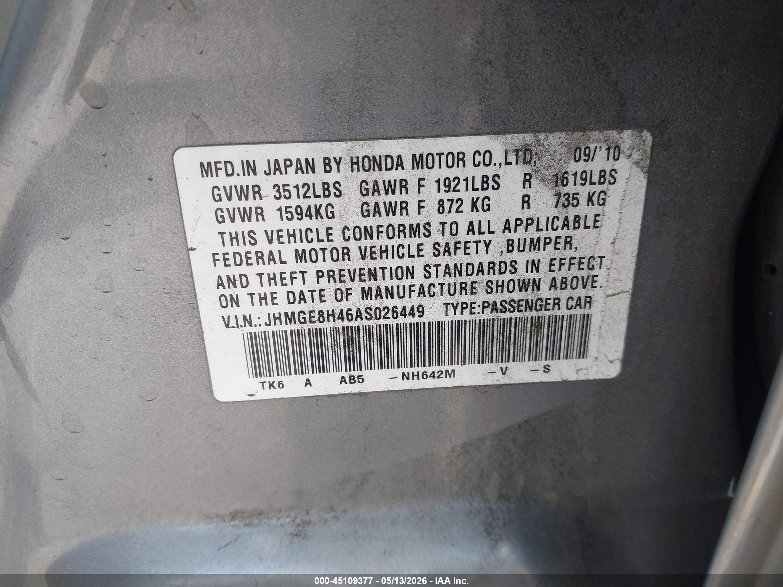 2010 Honda Fit Sport Gray vin: JHMGE8H46AS026449