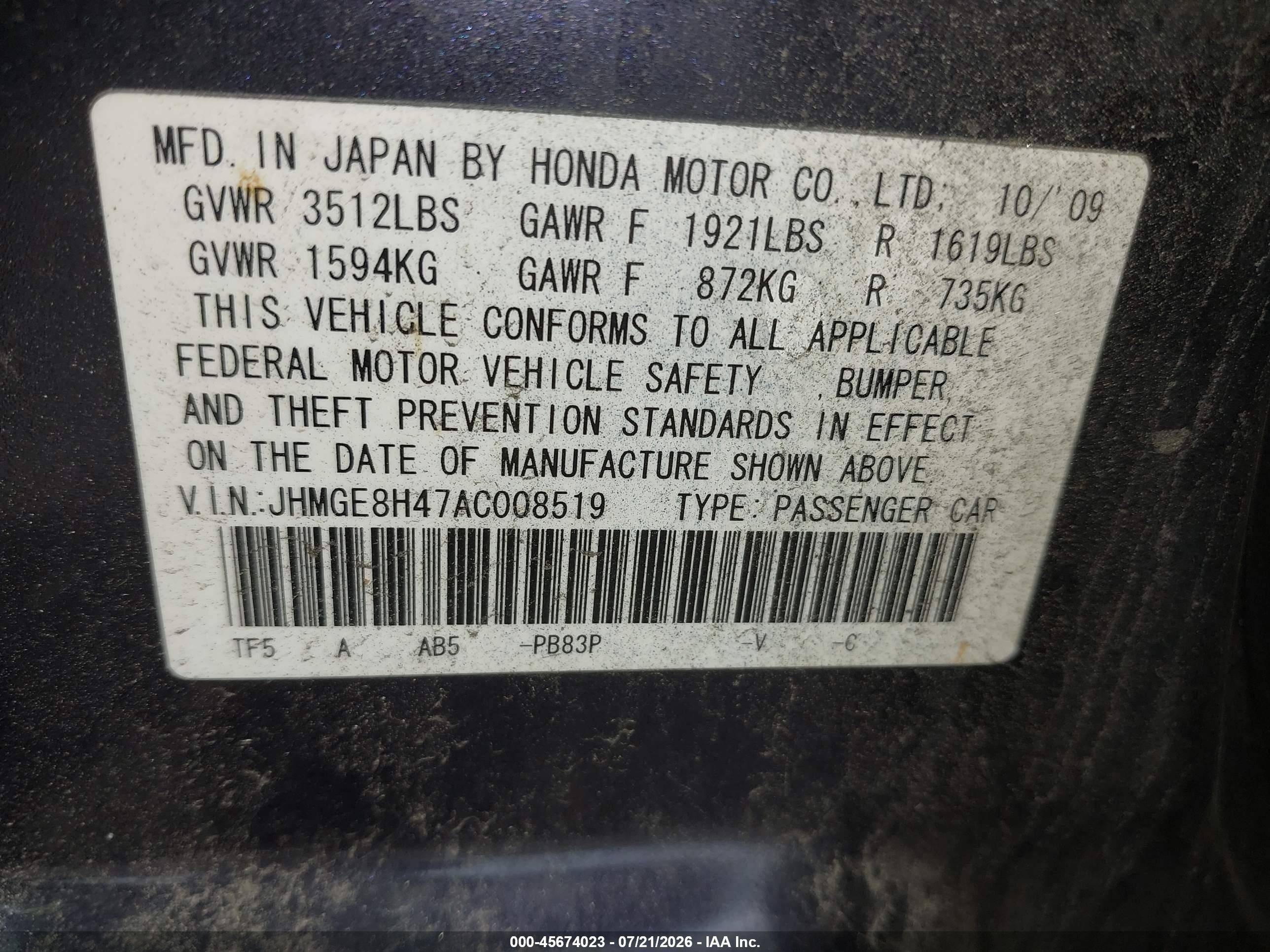 2010 Honda Fit Sport Blue vin: JHMGE8H47AC008519