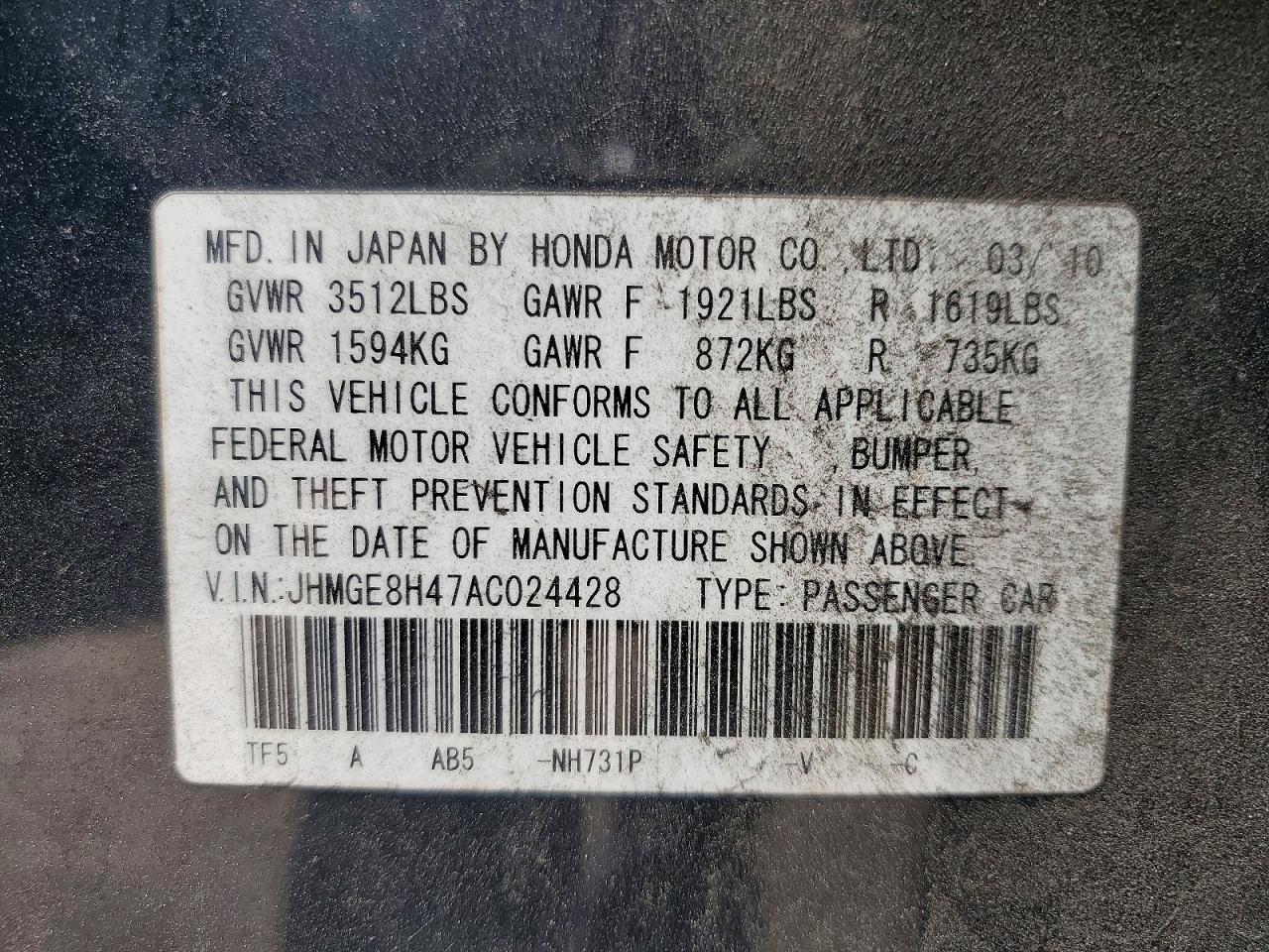 2010 Honda Fit Sport Black vin: JHMGE8H47AC024428