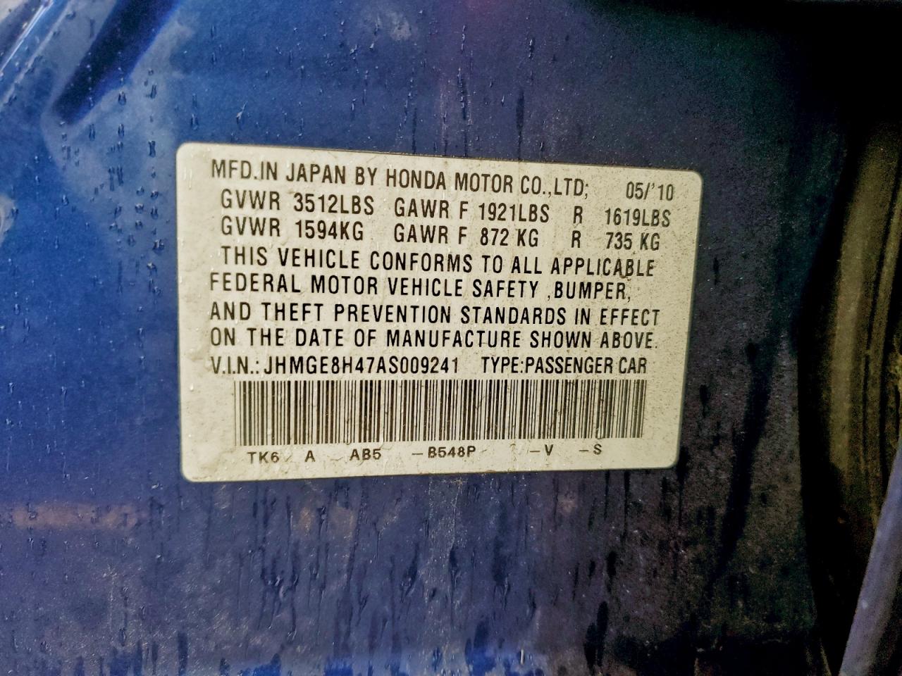 2010 Honda Fit Sport Blue vin: JHMGE8H47AS009241
