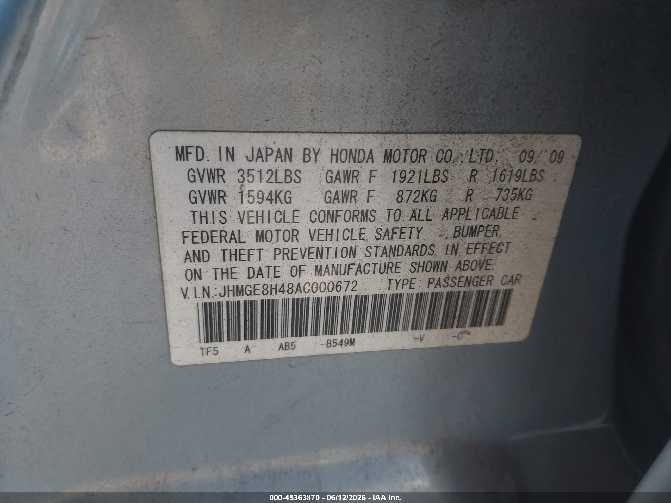 2010 Honda Fit Sport Blue vin: JHMGE8H48AC000672