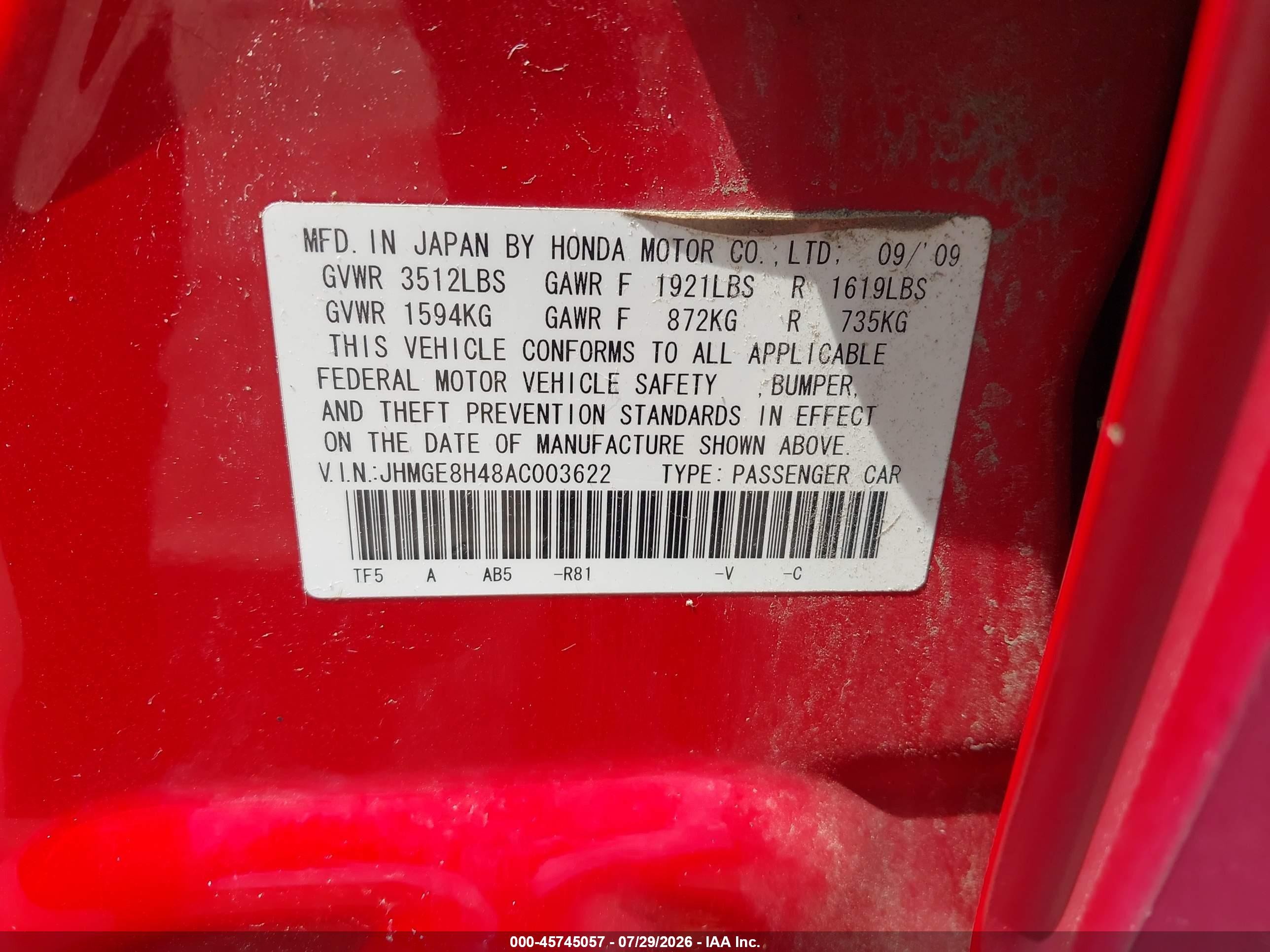 2010 Honda Fit Sport Red vin: JHMGE8H48AC003622