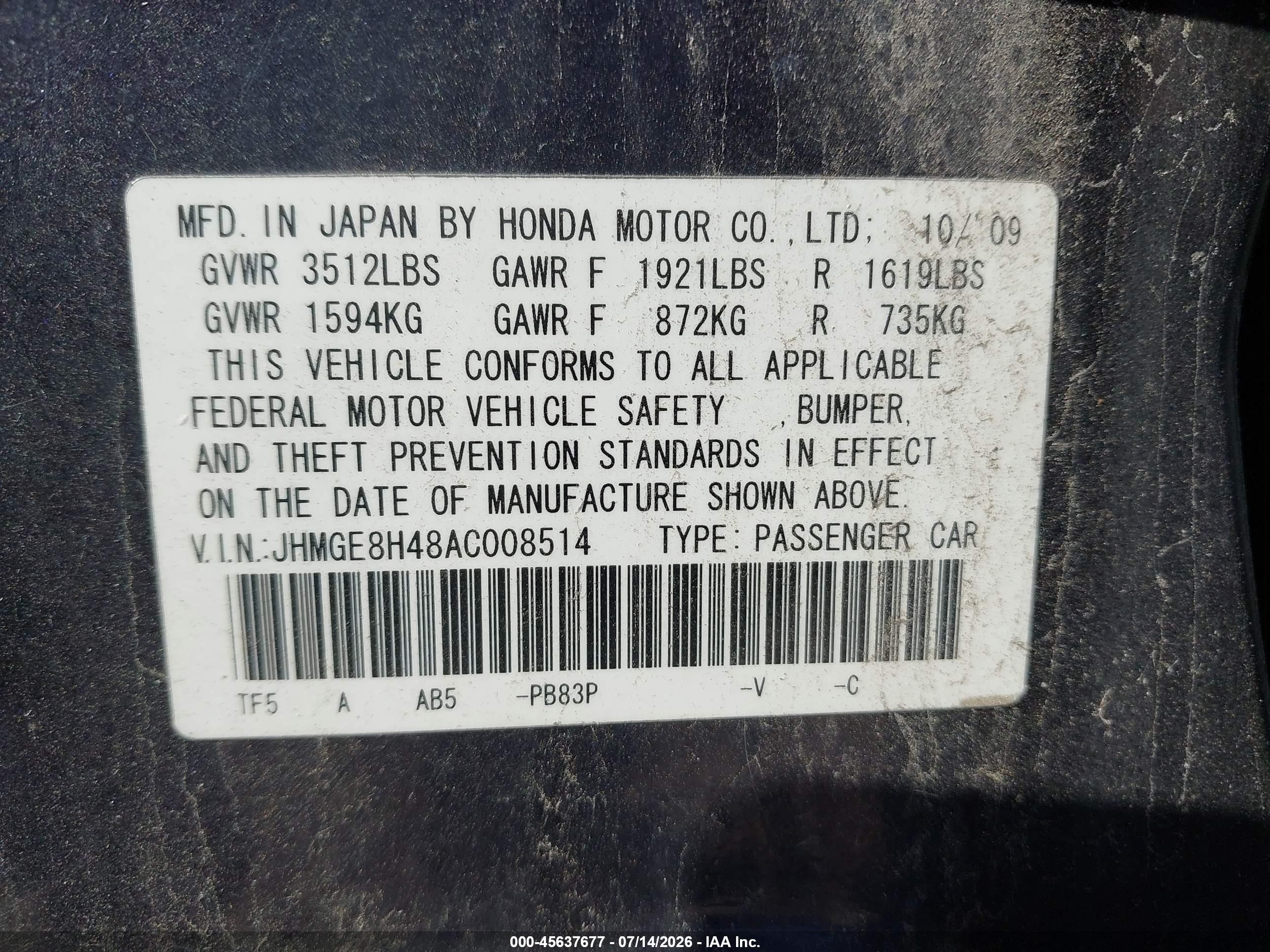 2010 Honda Fit Sport Фиолетовый vin: JHMGE8H48AC008514